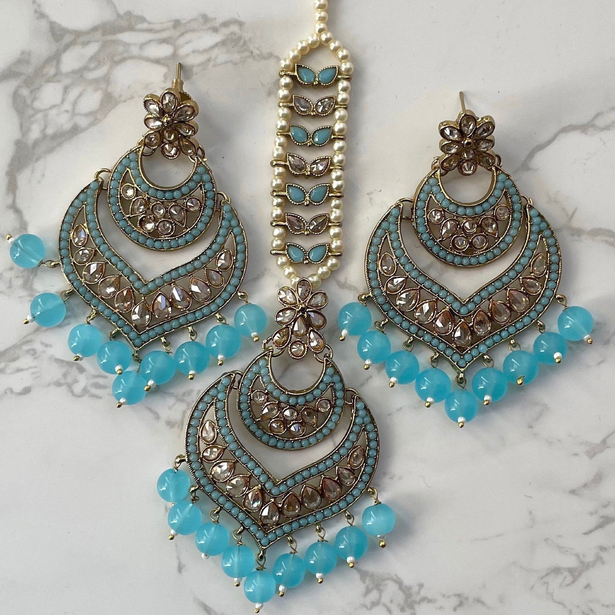 Aqua Polki Tikka Set • Maang tikka Set • Earring Tikka set • Polki Tikka set • Punjabi Jewelry • Pakistani Jewelry • Punjabi Earrings •