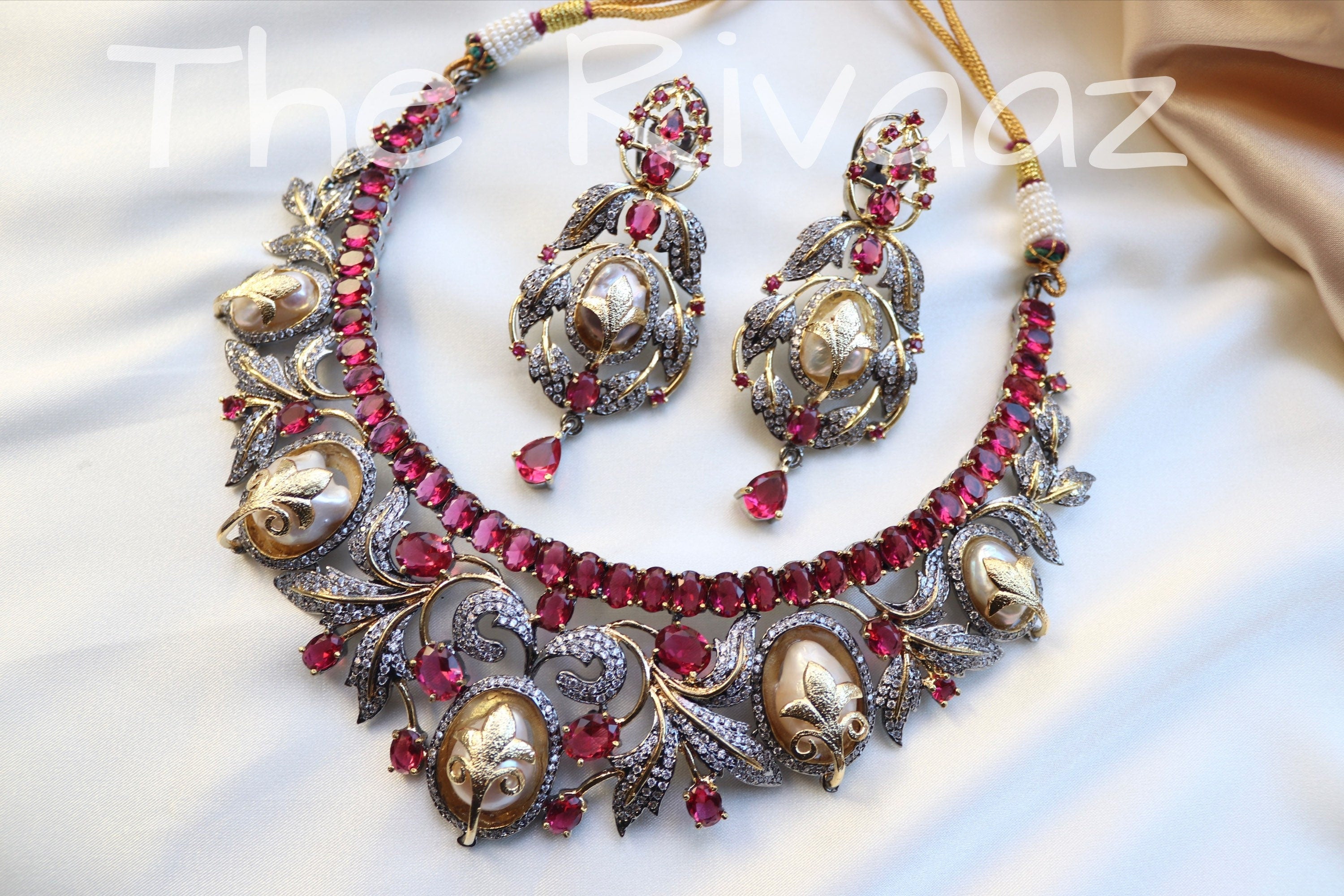 Sold Out Baroque Pearl Ruby CZ Victorian Necklace • CZ Necklace Set • American Diamond Necklace • Indian Jewelry • Pakistani Jewelry