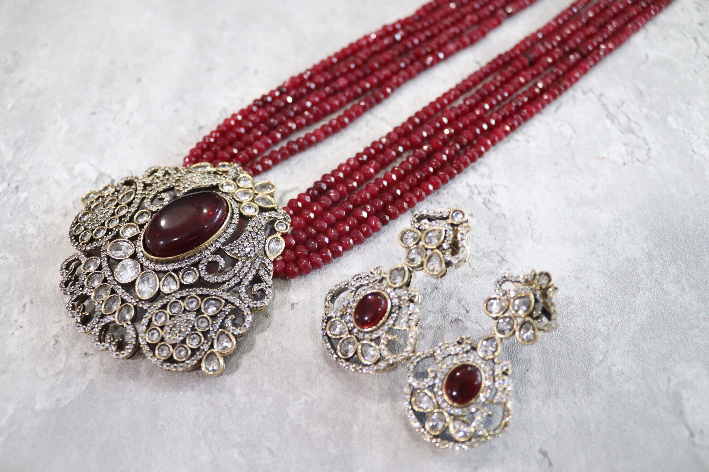 Rani Haar Necklace Set Ruby Long Victorian Necklace Indian Long Kundan Necklace Long Pakistani Necklace