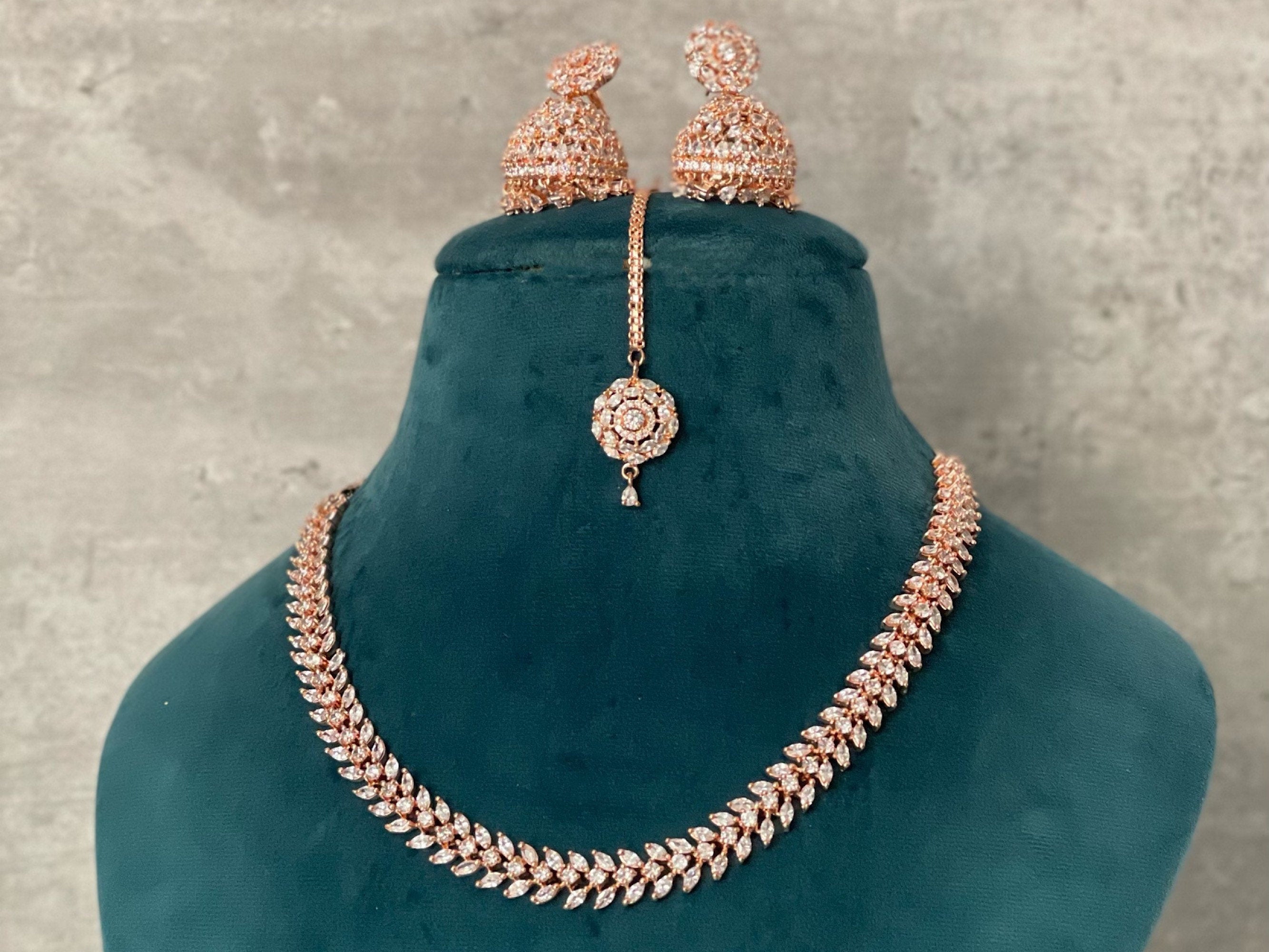 April Rose Gold Diamond Necklace with Jhumka and Tikka Rose Gold CZ Necklace American Diamond Necklace Rose Gold Indian Necklace Rose Gold