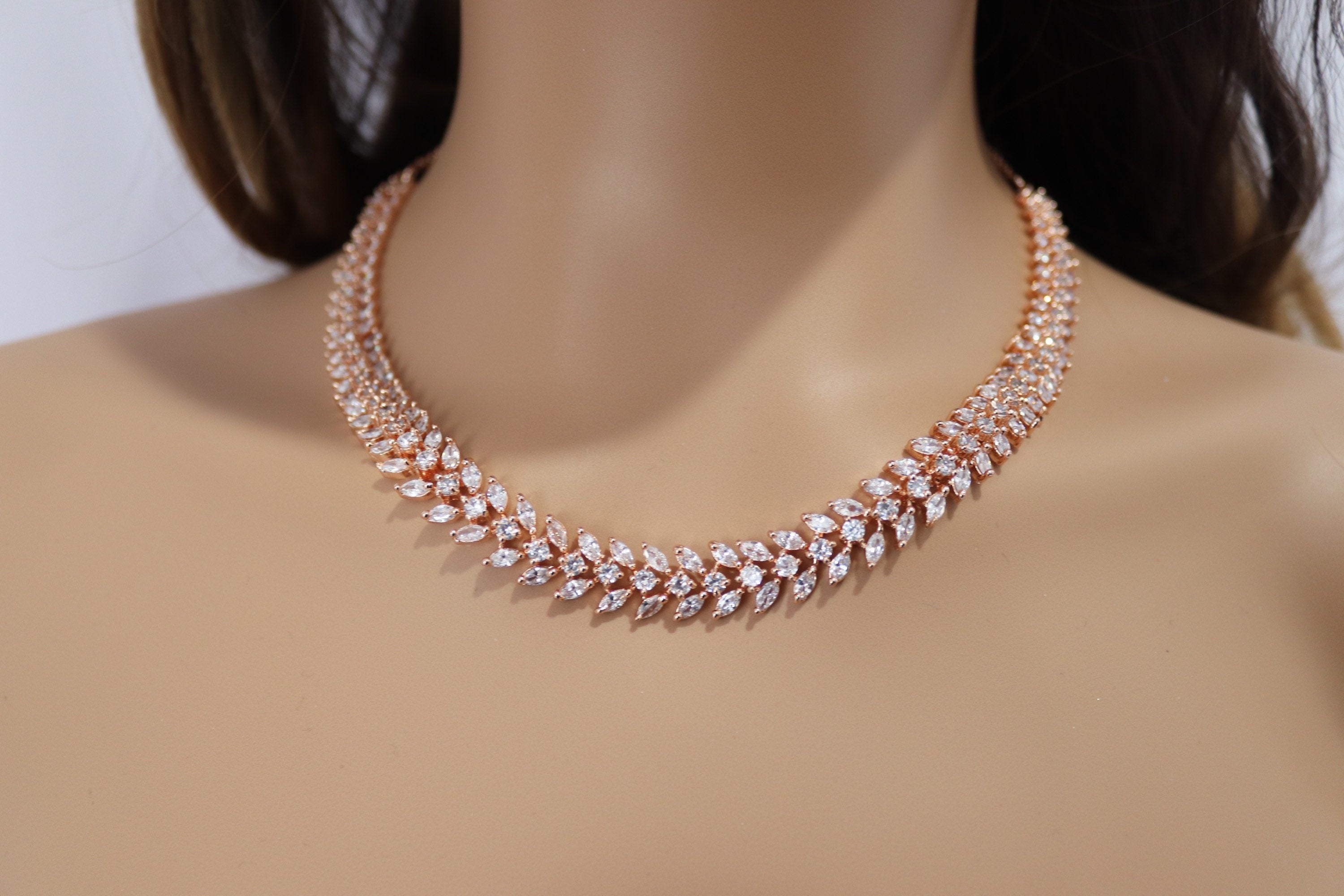 April Rose Gold Diamond Necklace with Jhumka and Tikka Rose Gold CZ Necklace American Diamond Necklace Rose Gold Indian Necklace Rose Gold