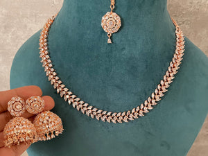 April Rose Gold Diamond Necklace with Jhumka and Tikka Rose Gold CZ Necklace American Diamond Necklace Rose Gold Indian Necklace Rose Gold