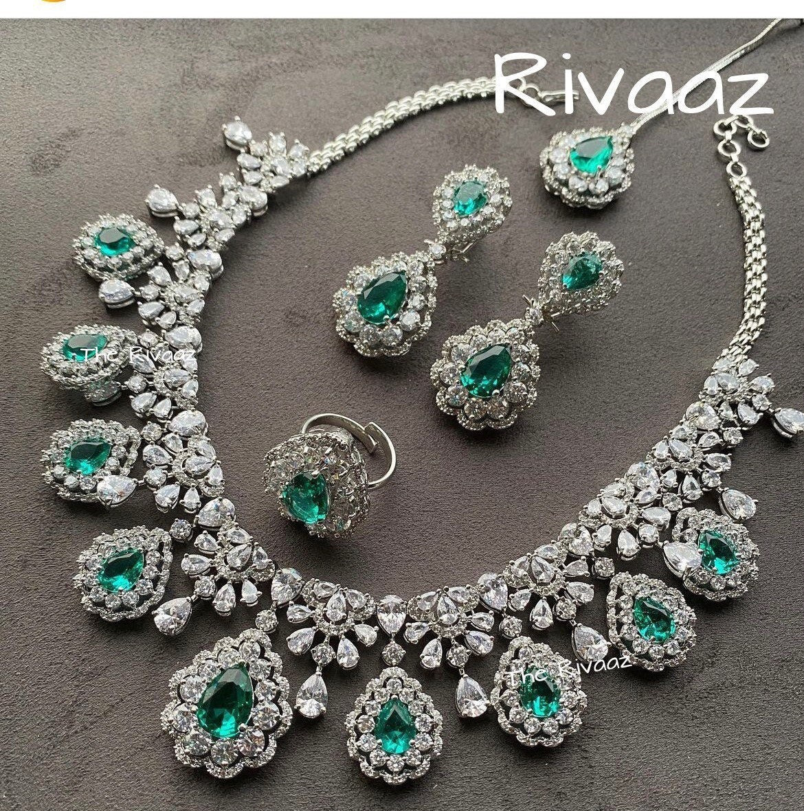 5 Piece Sea Green Diamond Necklace Set Indian jewelry American Diamond Necklace CZ Necklace Pakistani jewelry Bollywood jewelry