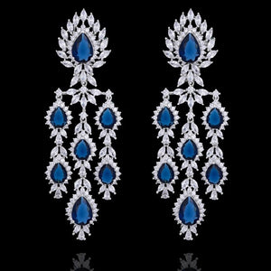 Blue Chandelier CZ Earrings Cubic Zirconium American Diamond Long Earrings Indian Jewelry Statement Earrings Crystal Sapphire Drop Earrings