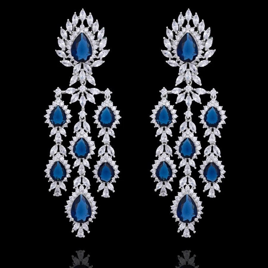 Blue Chandelier CZ Earrings Cubic Zirconium American Diamond Long Earrings Indian Jewelry Statement Earrings Crystal Sapphire Drop Earrings