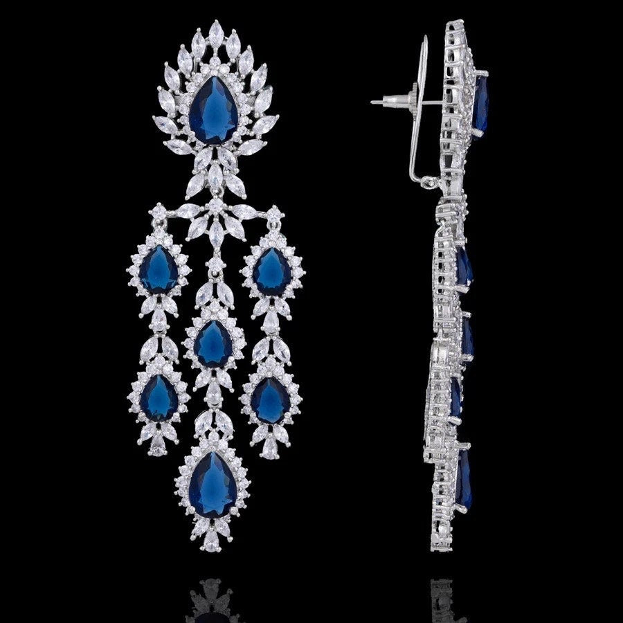 Blue Chandelier CZ Earrings Cubic Zirconium American Diamond Long Earrings Indian Jewelry Statement Earrings Crystal Sapphire Drop Earrings