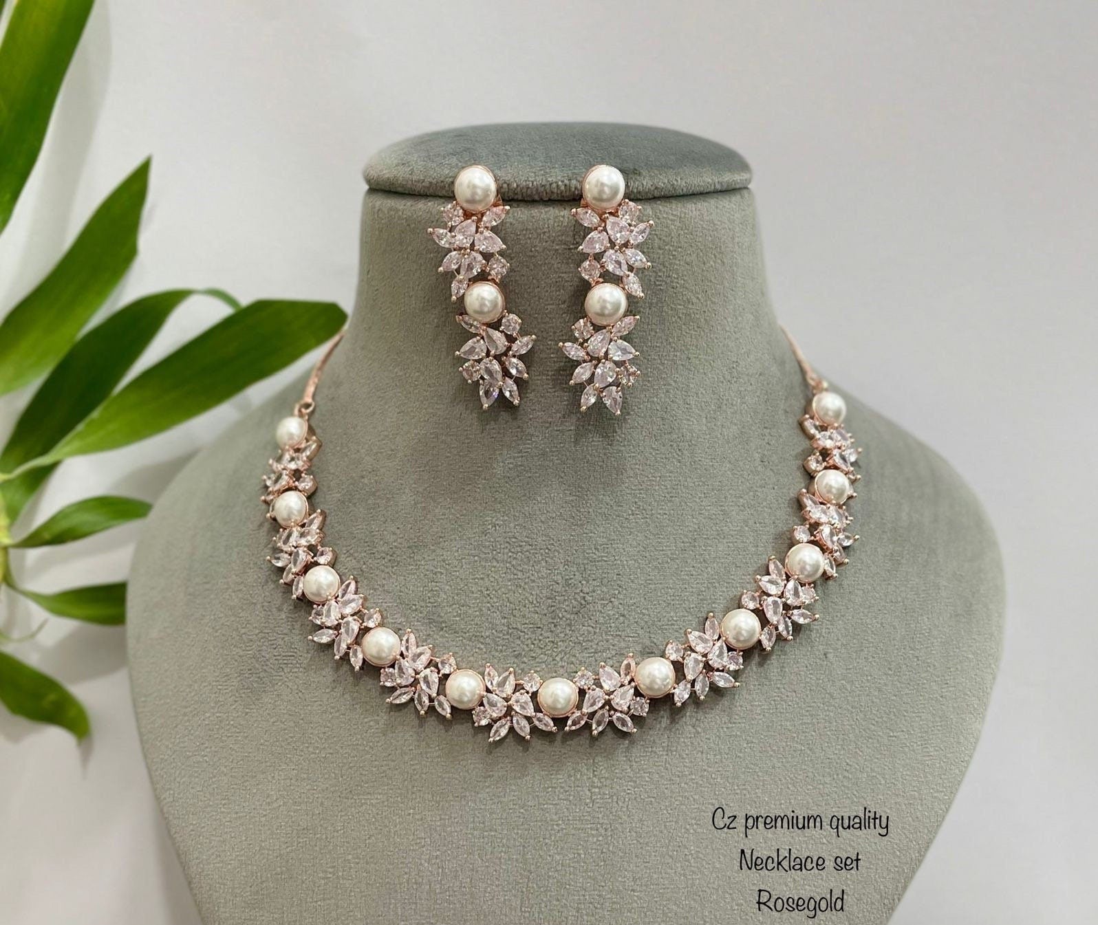 Rose Gold Pearl CZ Diamond Necklace with earrings / Indian jewelry/ CZ Choker/ Indian Necklace / Pakistani jewelry/ Bollywood jewelry