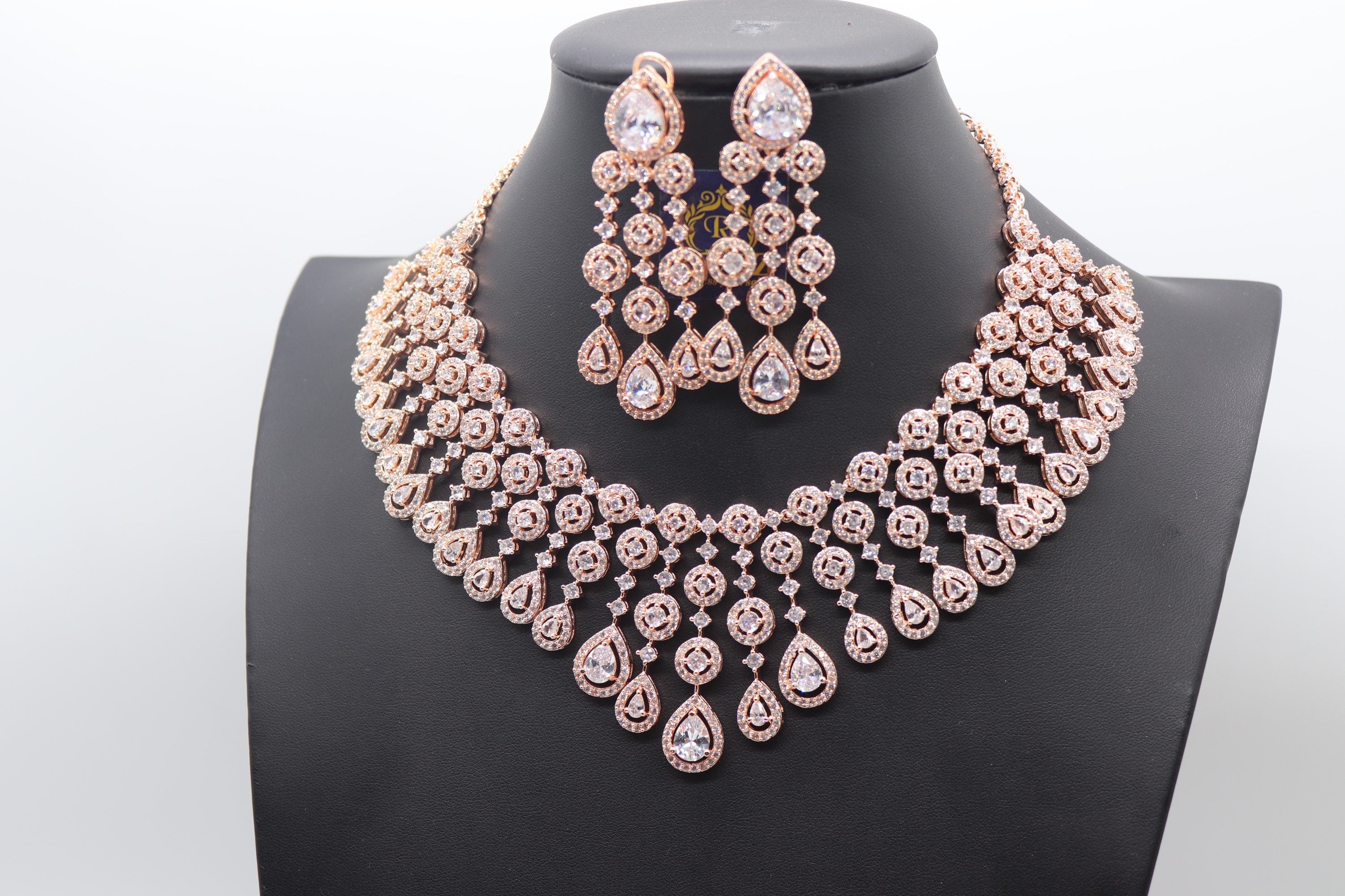 Rose Gold CZ Diamond Necklace / Indian Jewelry/ Indian CZ Necklace/ Pakistani Jewelry/ Statement Jewelry/ Crystal Jewelry / Bridal Jewelry