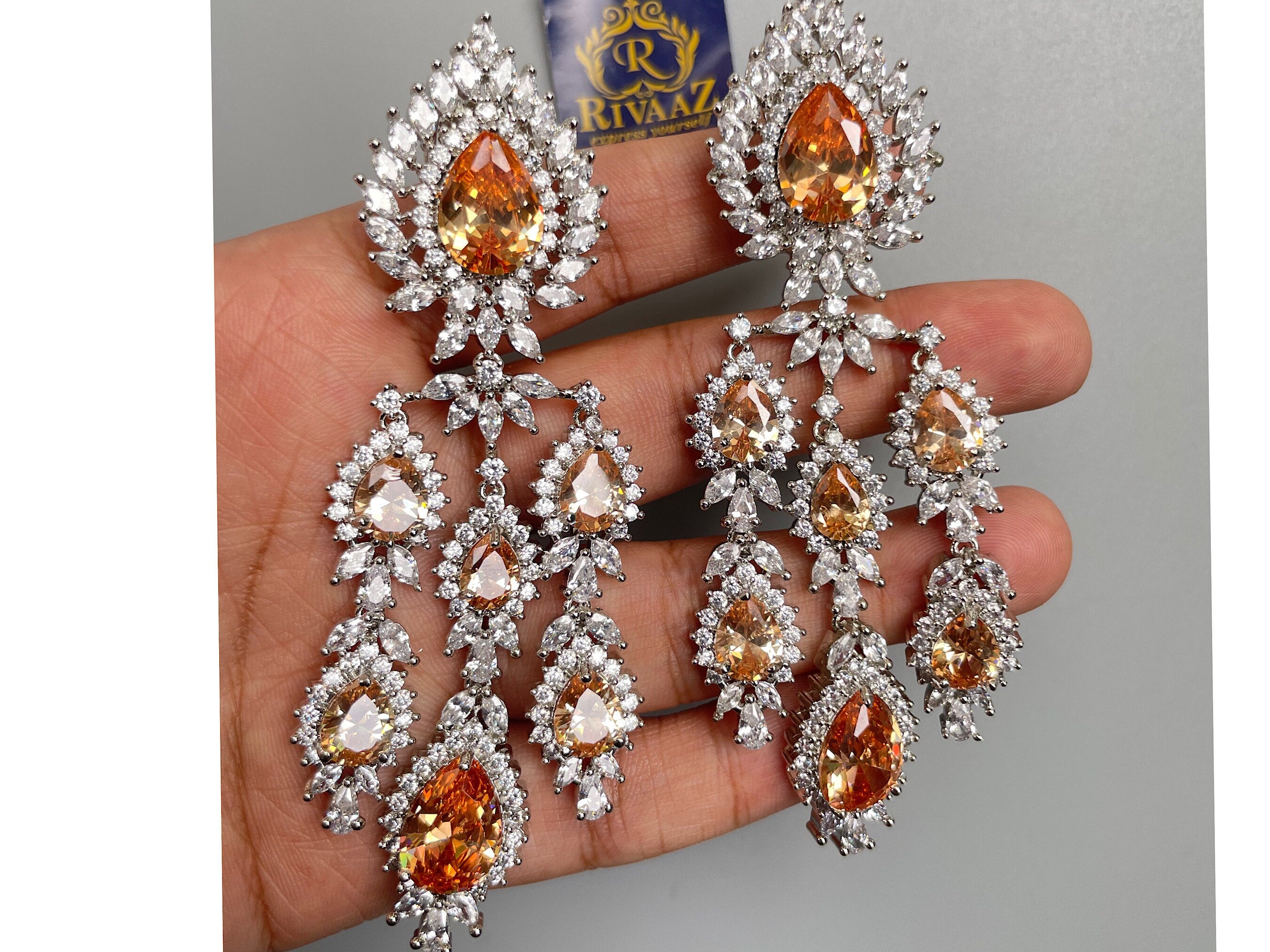 Champagne Diamond Chaandbalis/ CZ Chaandbali/ Zirconia Earrings/ Indian Earrings/ Pakistani Jewelry / Bollywood Jewelry/