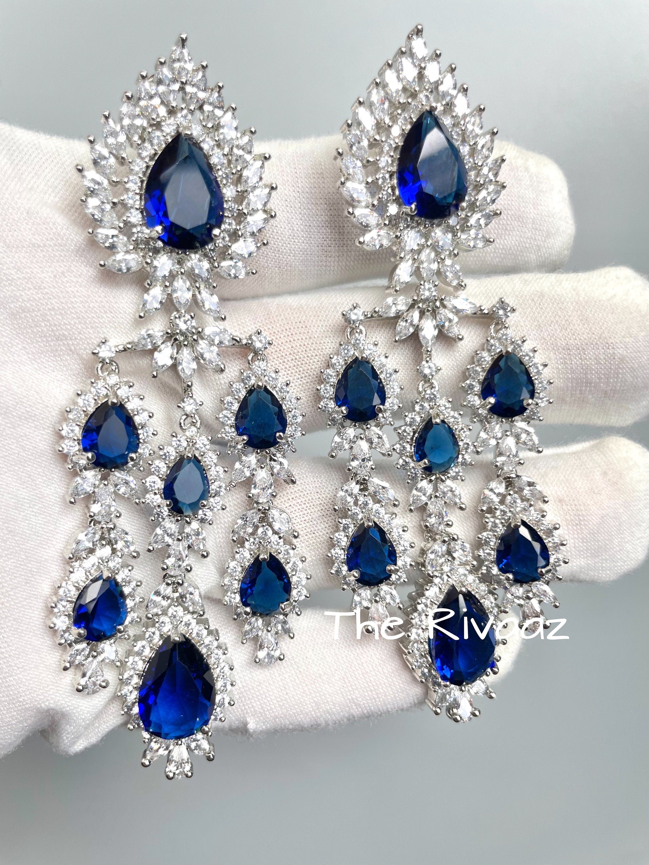 Blue Chandelier CZ Earrings Cubic Zirconium American Diamond Long Earrings Indian Jewelry Statement Earrings Crystal Sapphire Drop Earrings