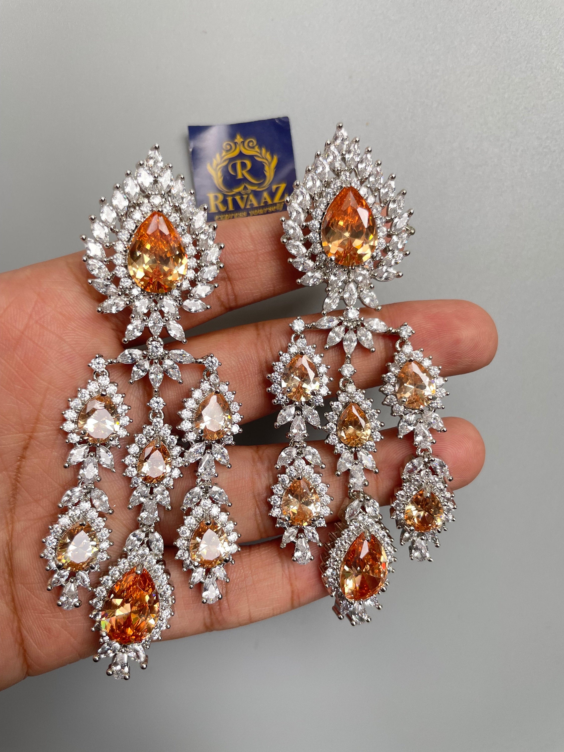 Champagne Diamond Chaandbalis/ CZ Chaandbali/ Zirconia Earrings/ Indian Earrings/ Pakistani Jewelry / Bollywood Jewelry/