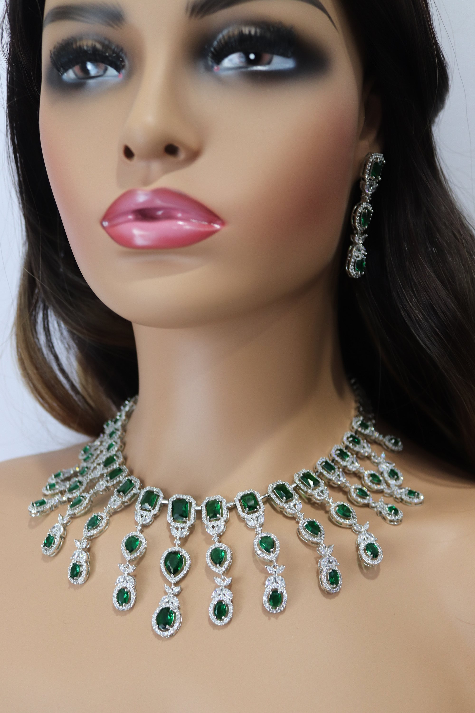 Pre Order Emerald Green CZ Necklace Indian Necklace American Diamond Necklace Set Indian Jewelry Pakistani Jewelry Crystal Necklace