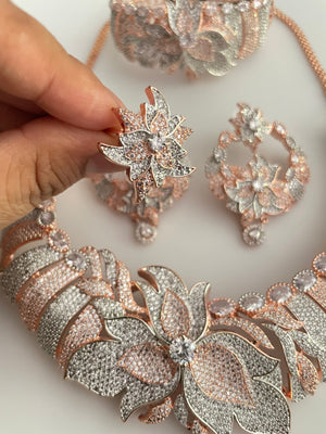 5 piece CZ Rose Necklace Indian Jewelry Rose Gold Diamond Necklace Pakistani Jewelry Indian CZ Necklace Indian Necklace Statement Necklace