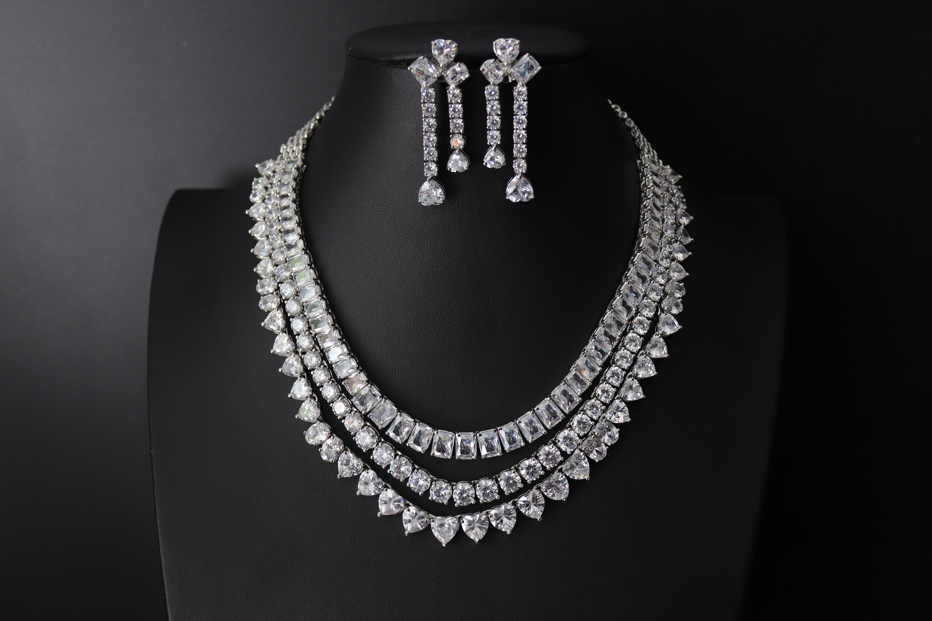 Premium Three Layer CZ Necklace Statement Necklace Diamond Necklace American Diamond Set Indian Jewelry Statement Bridal Necklace Wedding