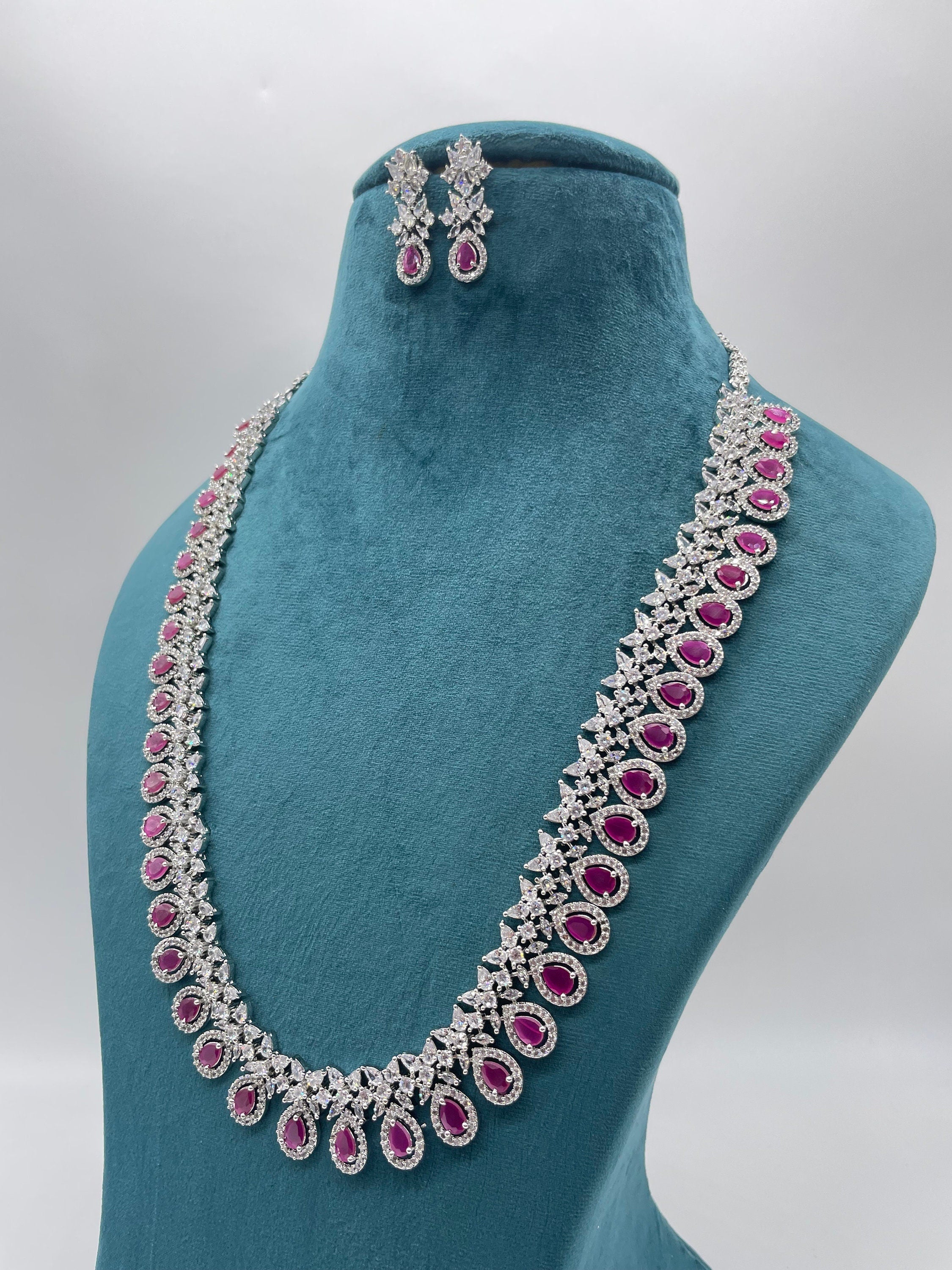 Sold Out April Silver Ruby CZ long Necklace with Earrings Long Indian Necklace Indian Jewelry Red Long Necklace Pakistani Jewelry Necklace