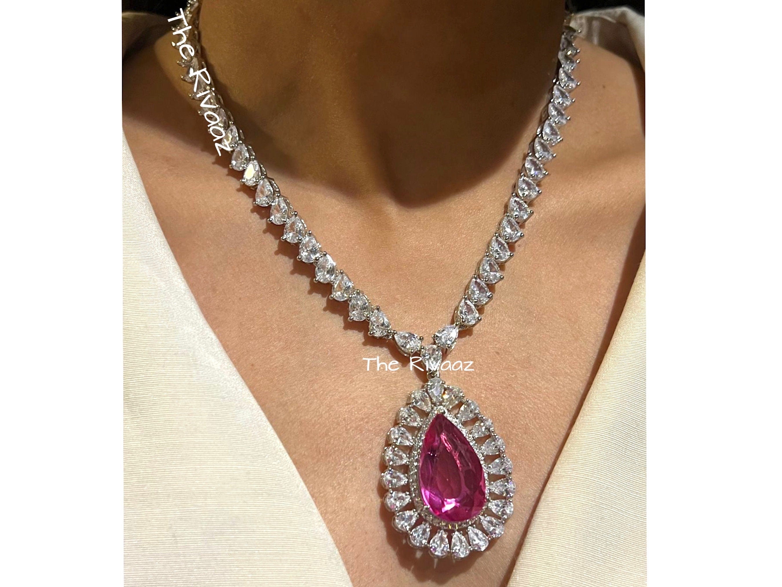 Arina Hot Pink Pendant Necklace Cubic Zirconia Indian Jewelry Pakistani Jewelry Statement Necklace American Diamond Necklace Sari Necklace