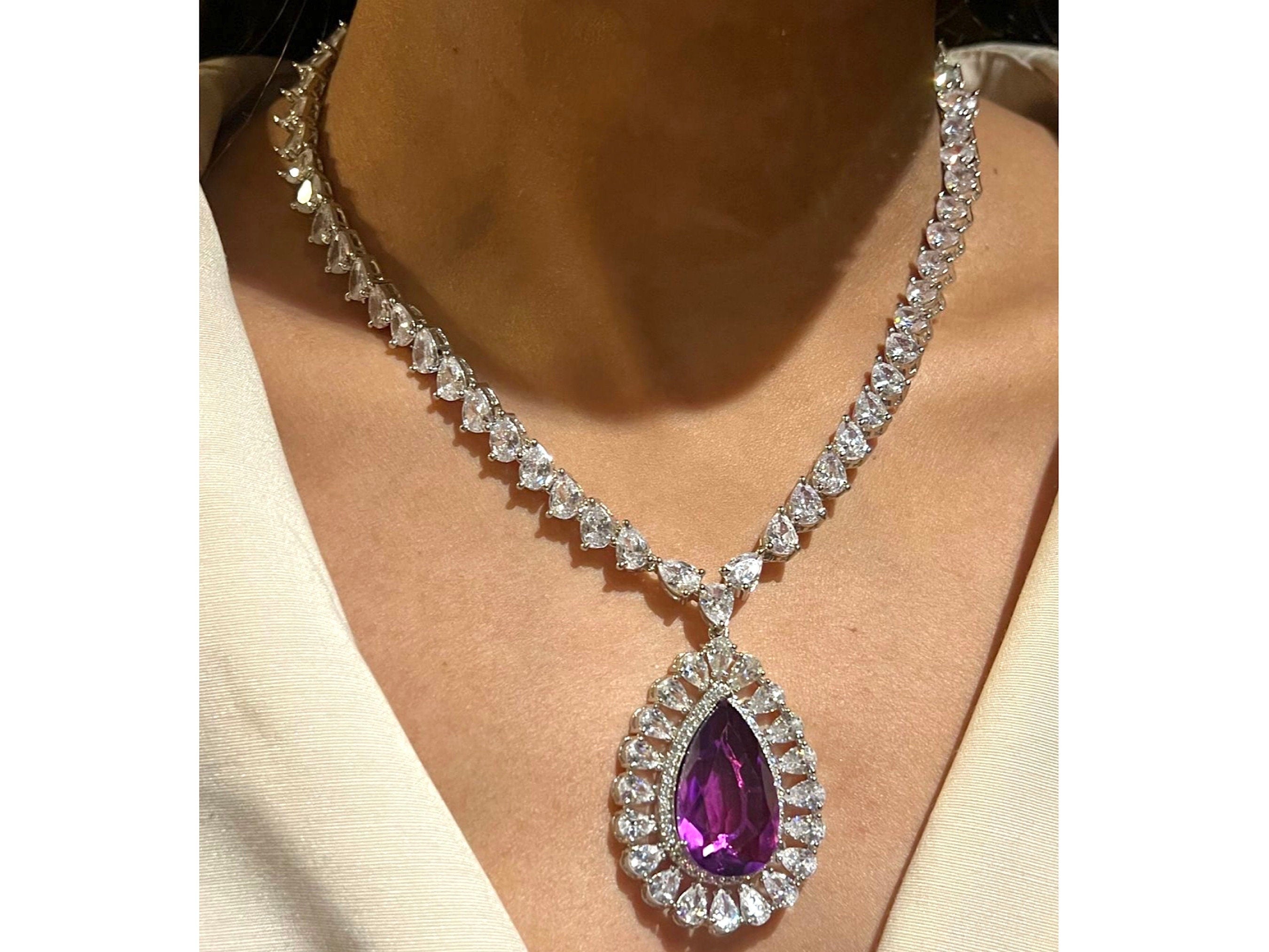 Arina Amethyst Crystal Necklace Pendant Necklace Cubic Zirconia American Diamond Necklace Set Indian jewelry Set Long Indian Necklace