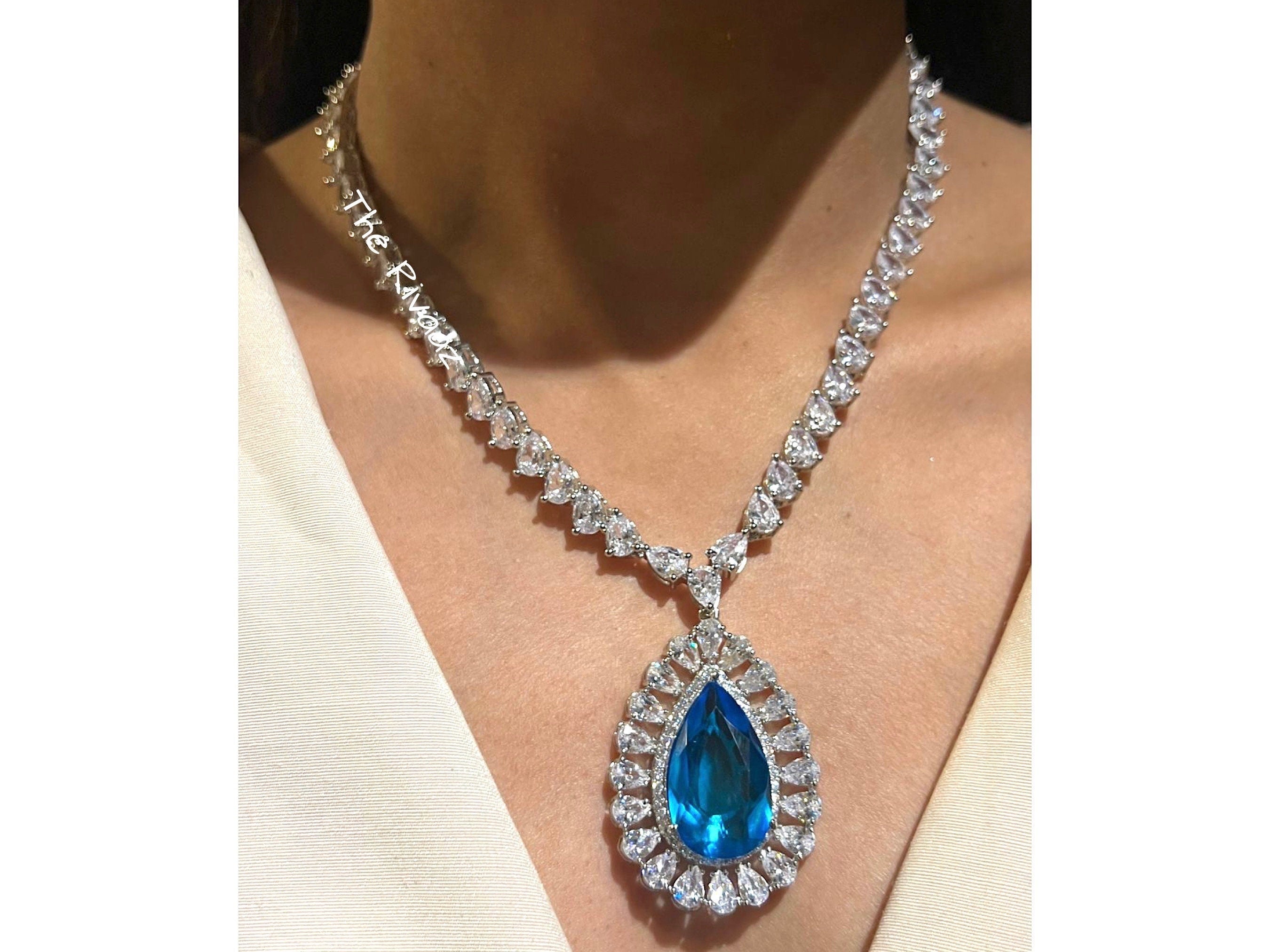 Arina Light Blue CZ Necklace Pendant Necklace Cubic Zirconia American Diamond Necklace Set Indian jewelry Set Long Indian Necklace White