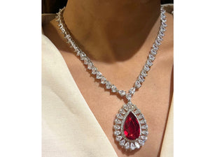 Arina Red CZ Necklace Pendant Necklace Cubic Zirconia American Diamond Necklace Set Indian jewelry Set Long Indian Necklace White Gold