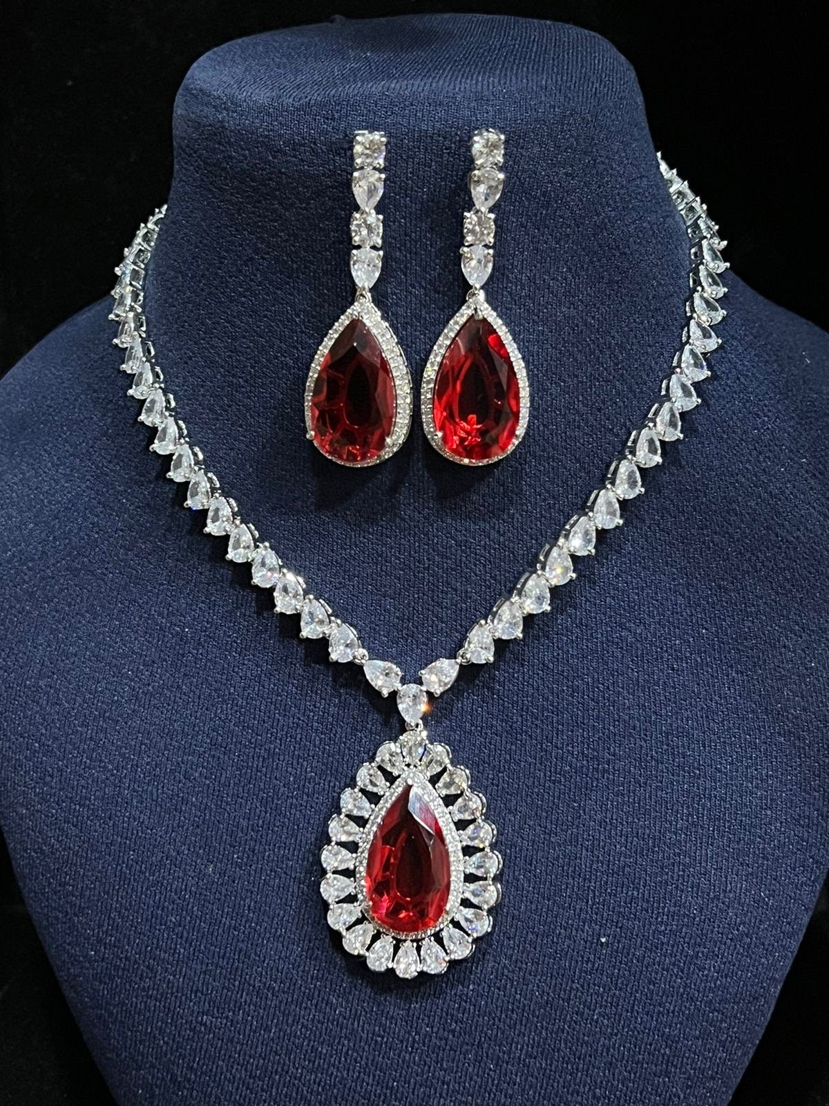 Arina Red CZ Necklace Pendant Necklace Cubic Zirconia American Diamond Necklace Set Indian jewelry Set Long Indian Necklace White Gold