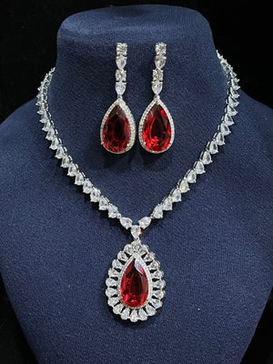 Arina Red CZ Necklace Pendant Necklace Cubic Zirconia American Diamond Necklace Set Indian jewelry Set Long Indian Necklace White Gold