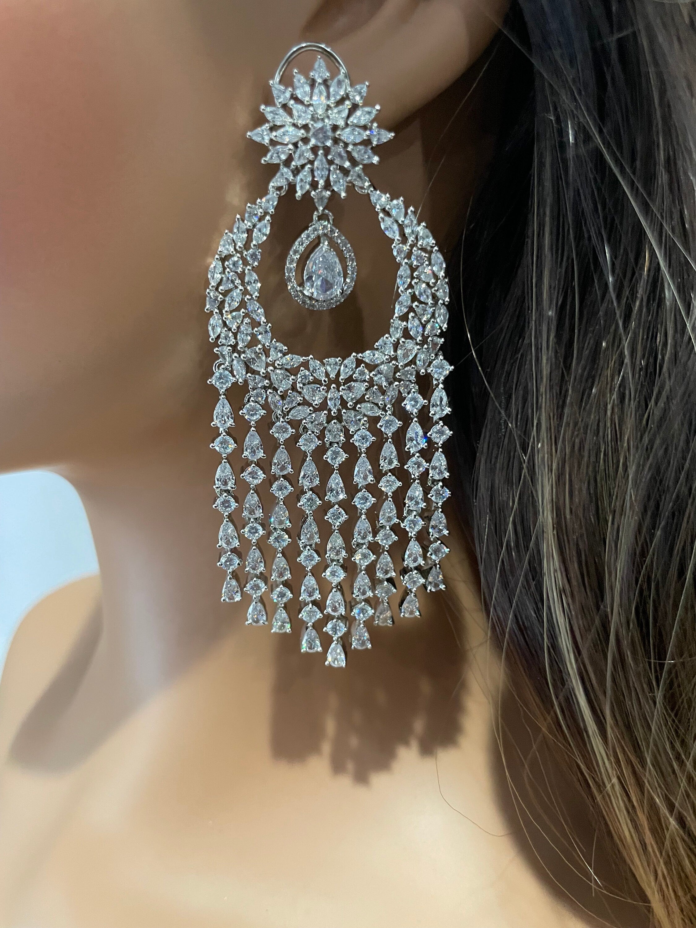 Diamond Chaandbalis/ CZ Chaandbali/ Zirconia Earrings/ Indian Earrings/ Pakistani Jewelry / Bollywood Jewelry/