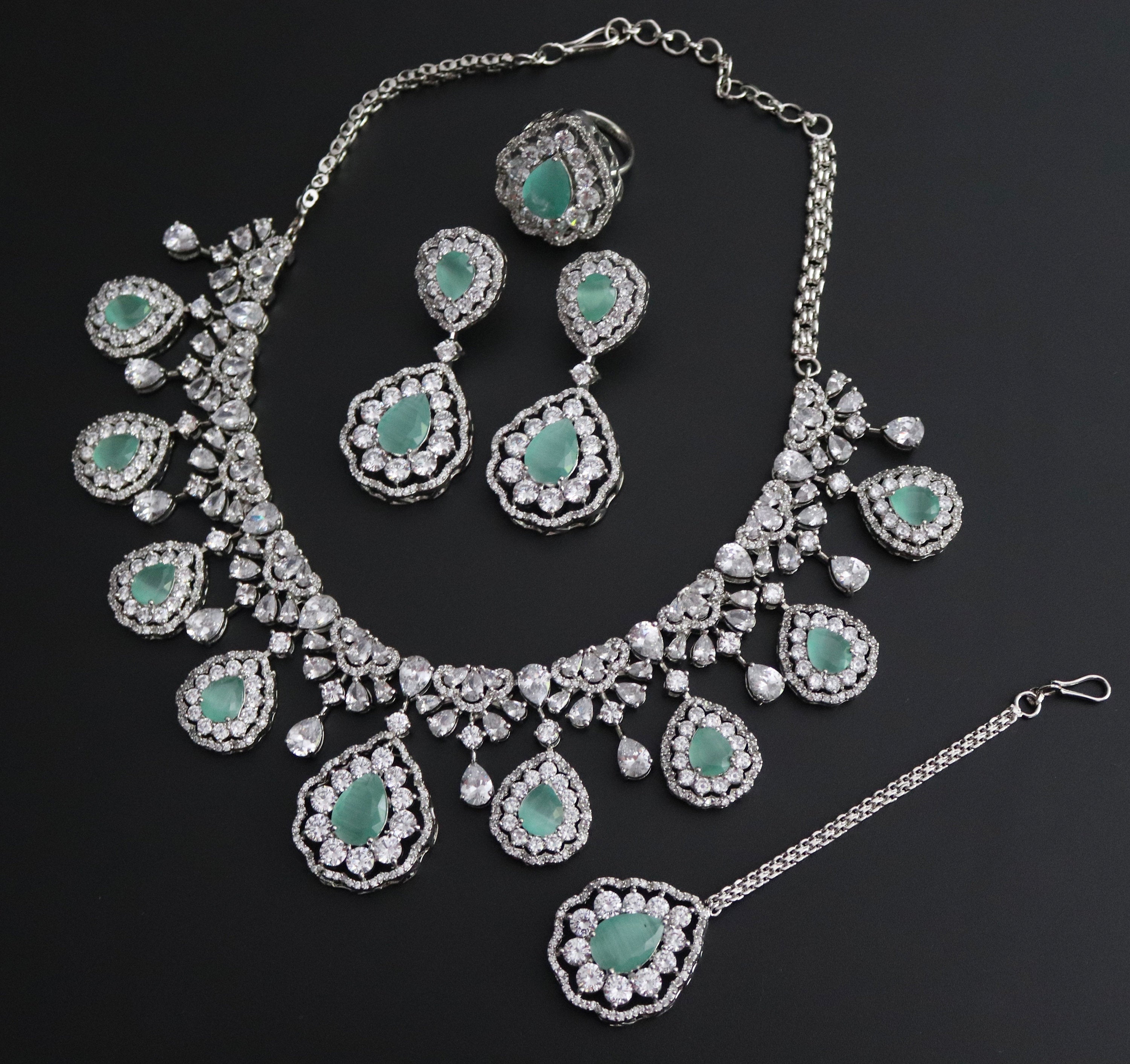 5 Piece Mint Silver Necklace Set Indian jewelry American Diamond Necklace Mint Silver Necklace Pakistani jewelry Bollywood jewelry Crystal