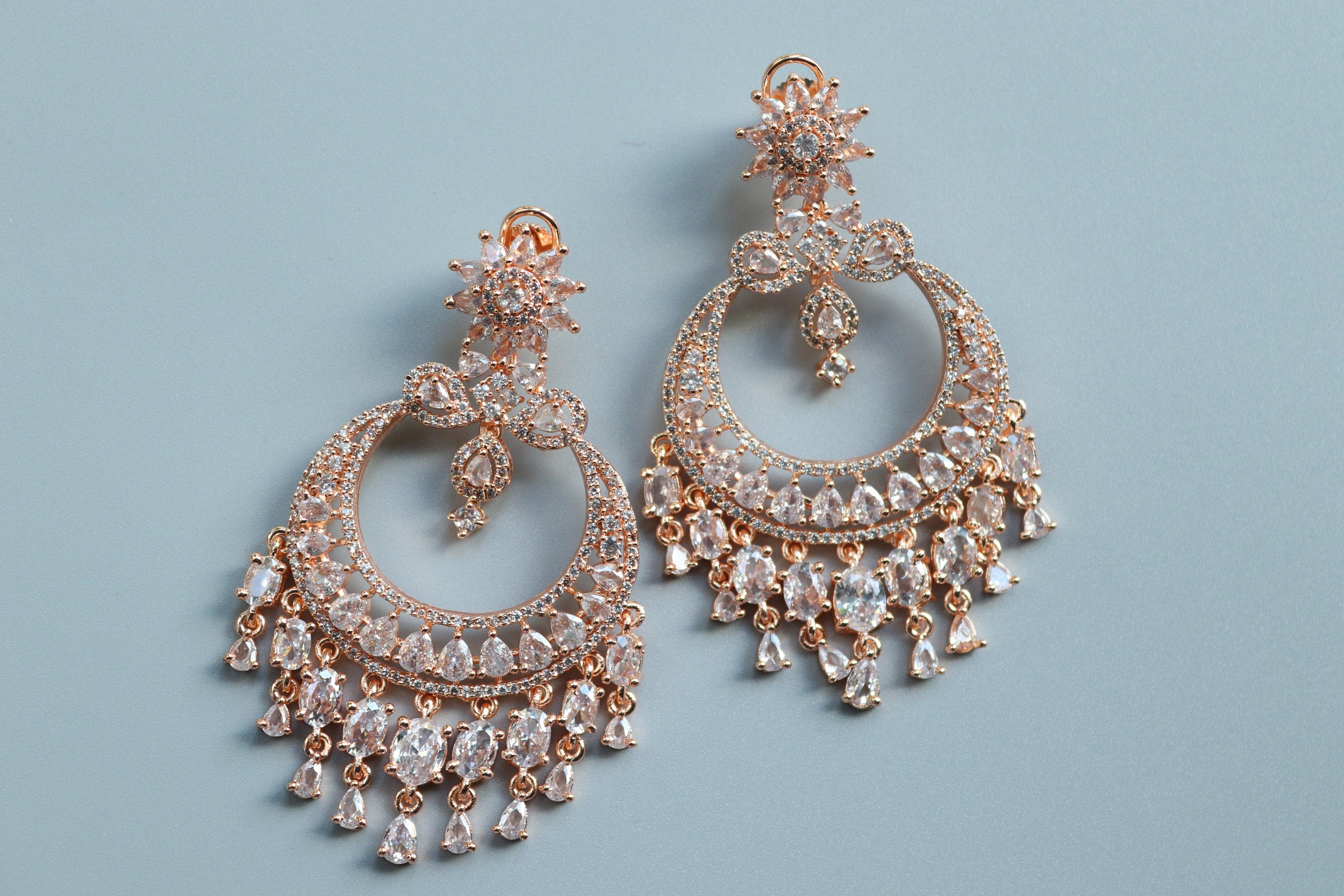 Sold Out Rose Gold Diamond Chaandbali Indian Earrings Rose Gold Cubic