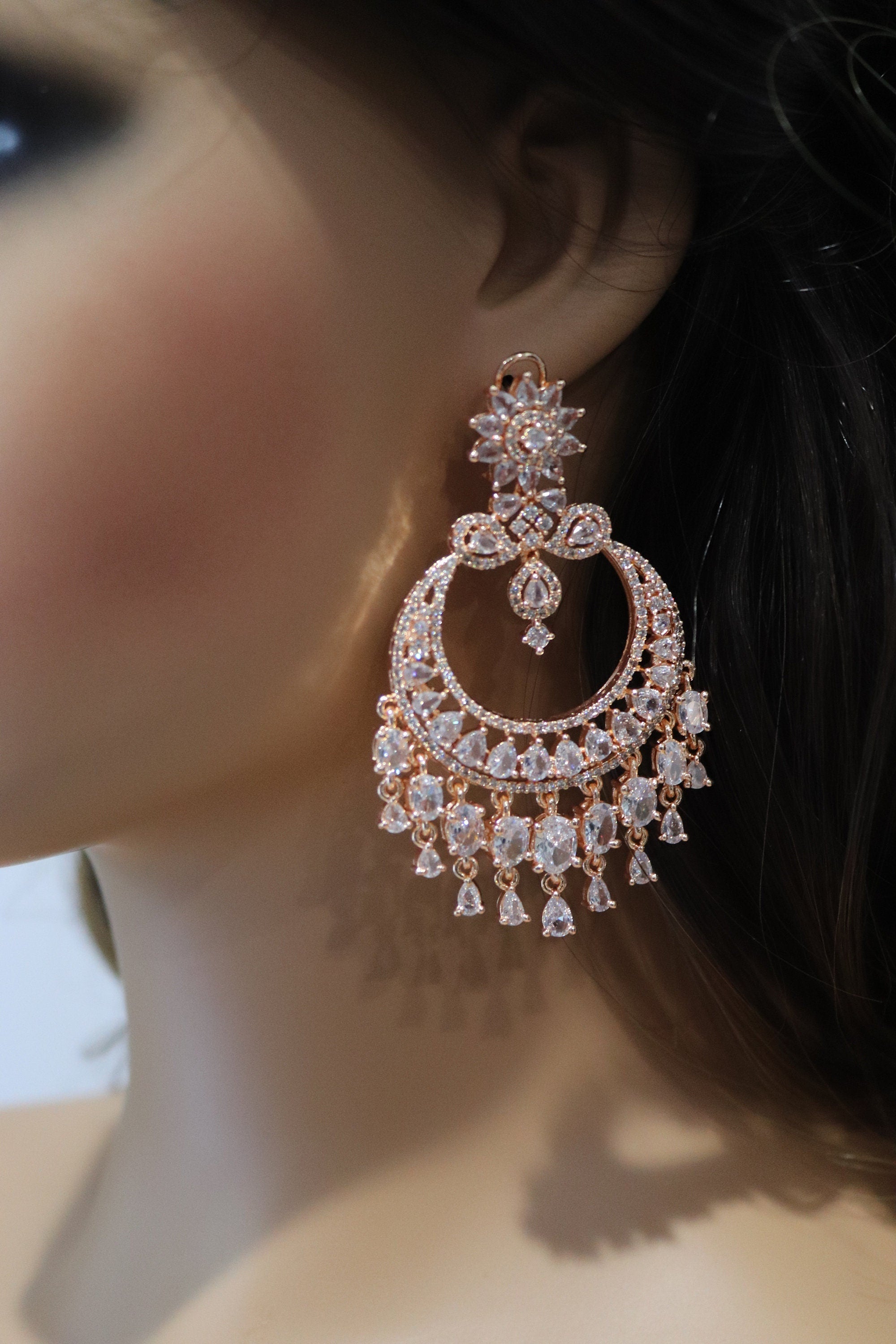 Sold Out Rose Gold Diamond Chaandbali Indian Earrings Rose Gold Cubic