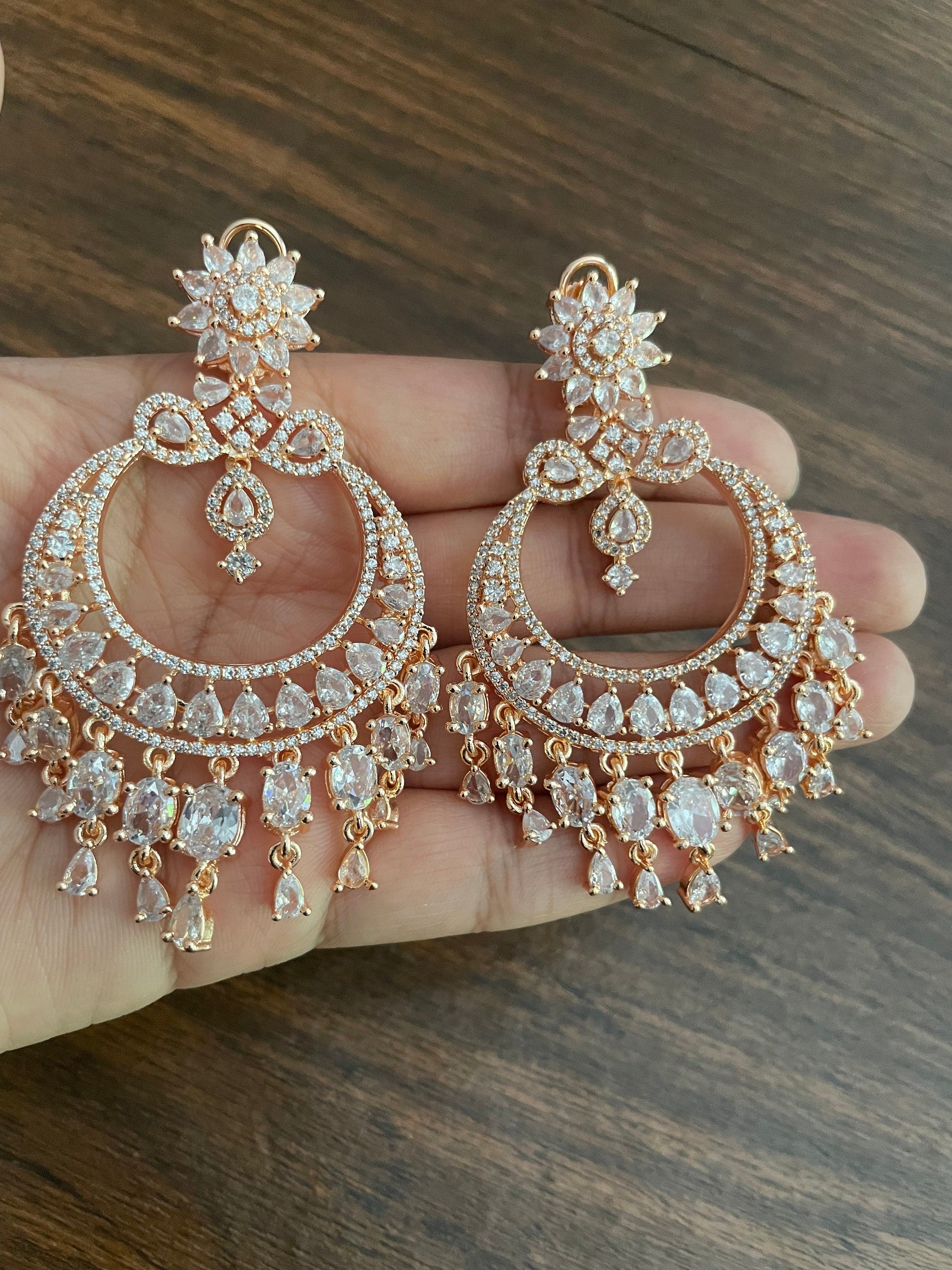 Sold Out Rose Gold Diamond Chaandbali Indian Earrings Rose Gold Cubic