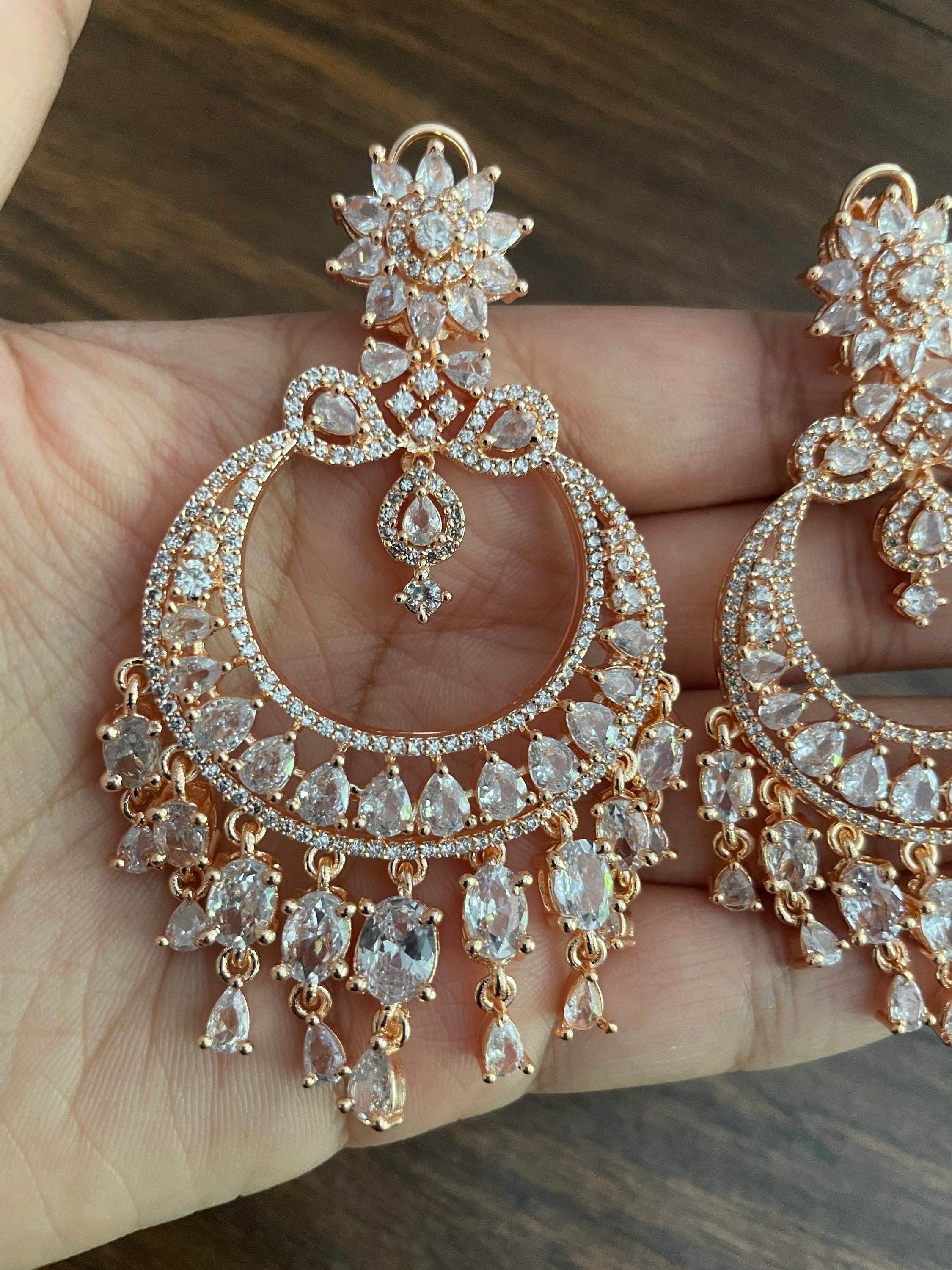 Sold Out Rose Gold Diamond Chaandbali Indian Earrings Rose Gold Cubic