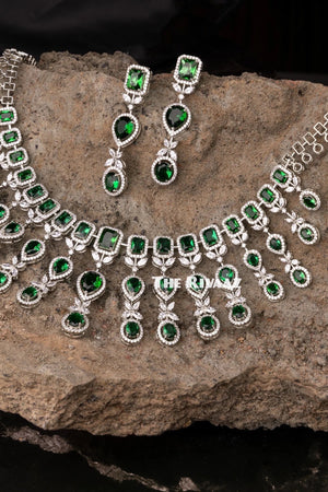 Pre Order Emerald Green CZ Necklace Indian Necklace American Diamond Necklace Set Indian Jewelry Pakistani Jewelry Crystal Necklace