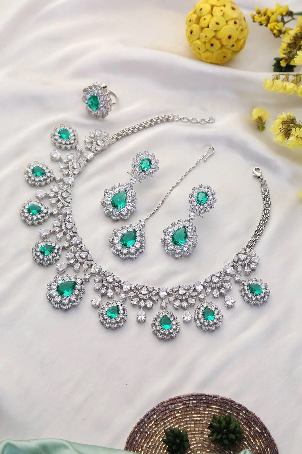 5 Piece Sea Green Diamond Necklace Set Indian jewelry American Diamond Necklace CZ Necklace Pakistani jewelry Bollywood jewelry