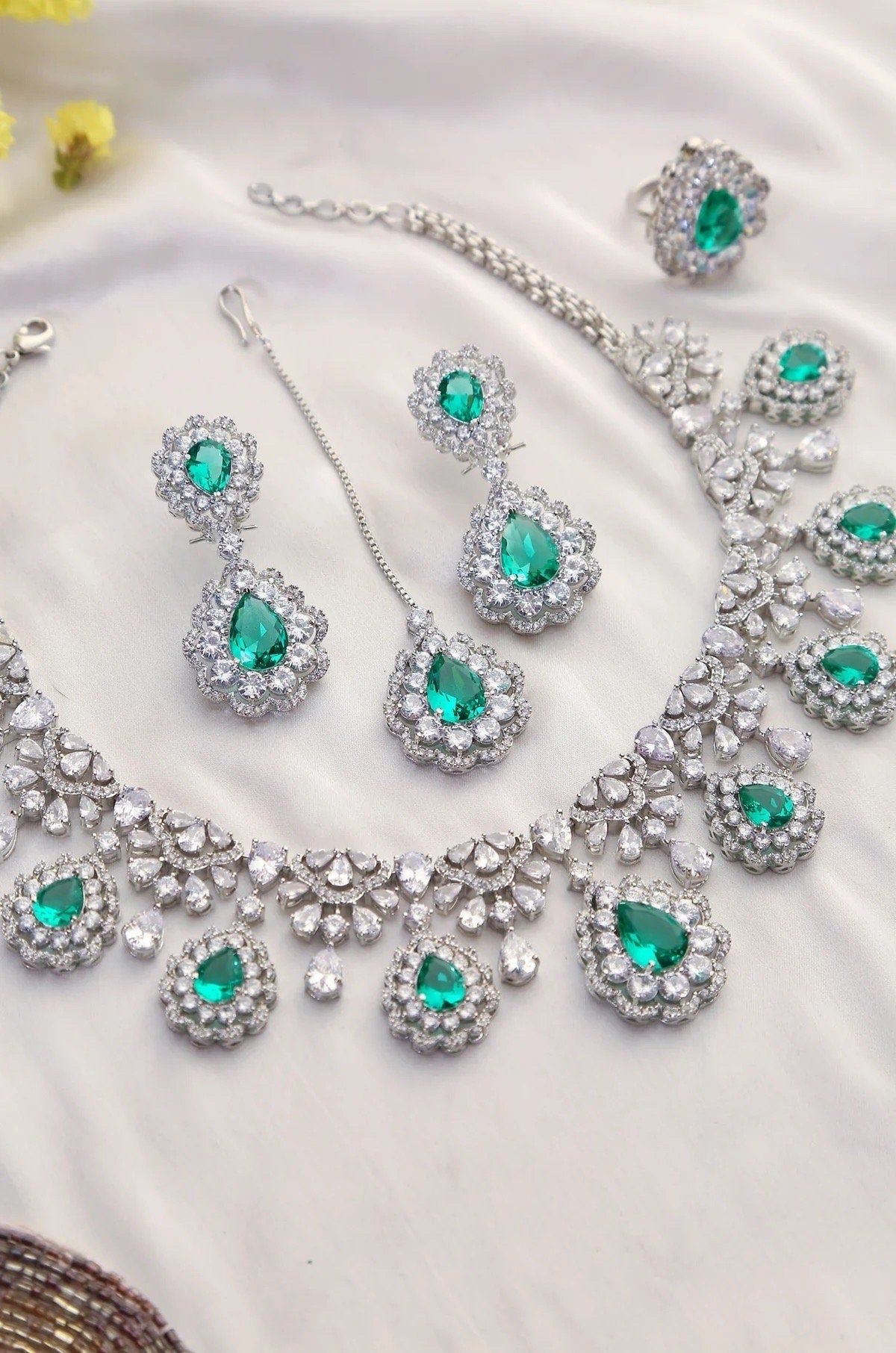 5 Piece Sea Green Diamond Necklace Set Indian jewelry American Diamond Necklace CZ Necklace Pakistani jewelry Bollywood jewelry