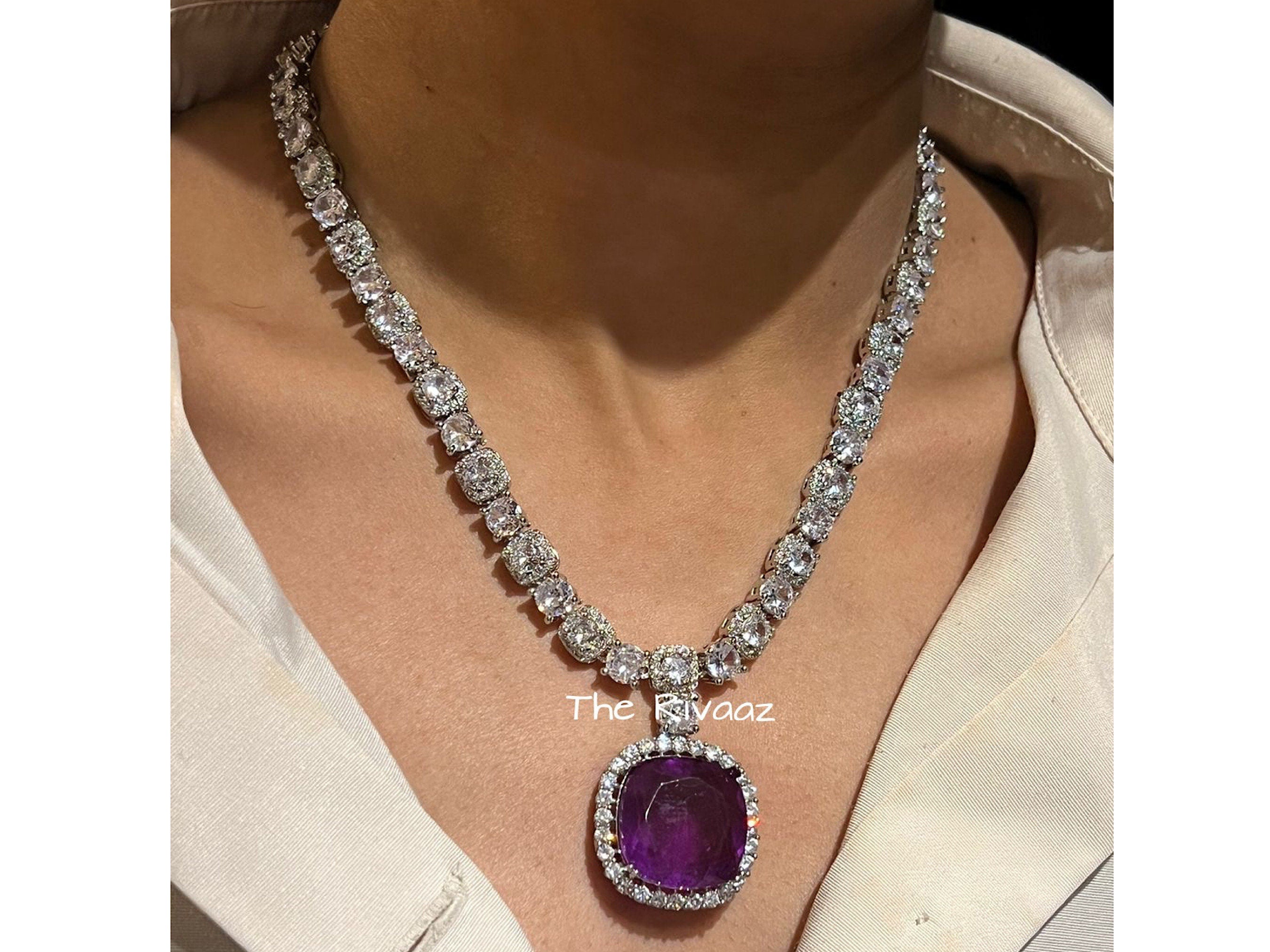 Becky Purple Doublet Pendant CZ Necklace Green Statement Necklace American Diamond Necklace Crystal Necklace Indian CZ Necklace