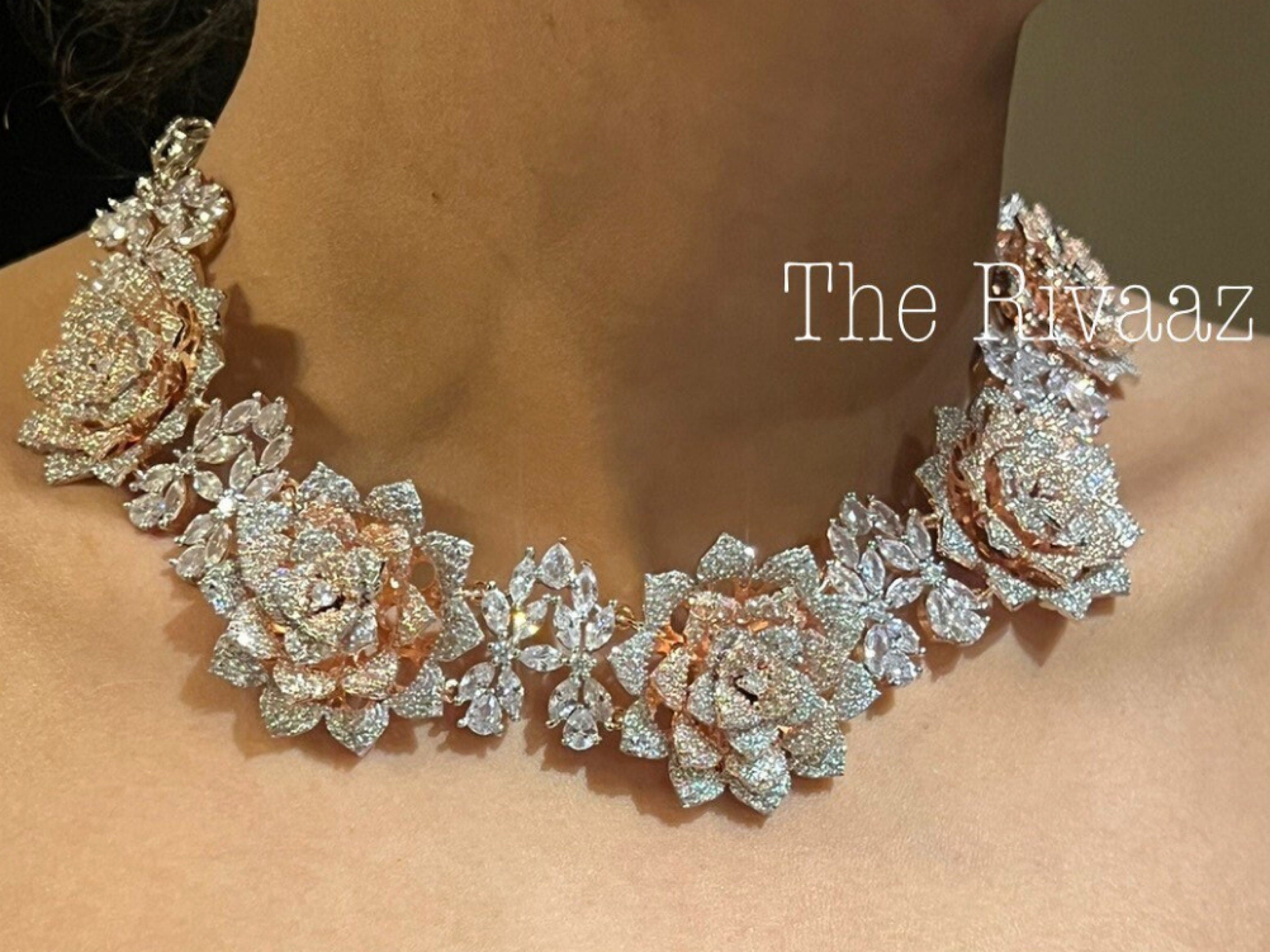 CZ Rose Necklace | Indian Jewelry | Pakistani Jewelry Indian CZ Necklace | Indian Necklace Punjabi Jewelry | Statement Necklace