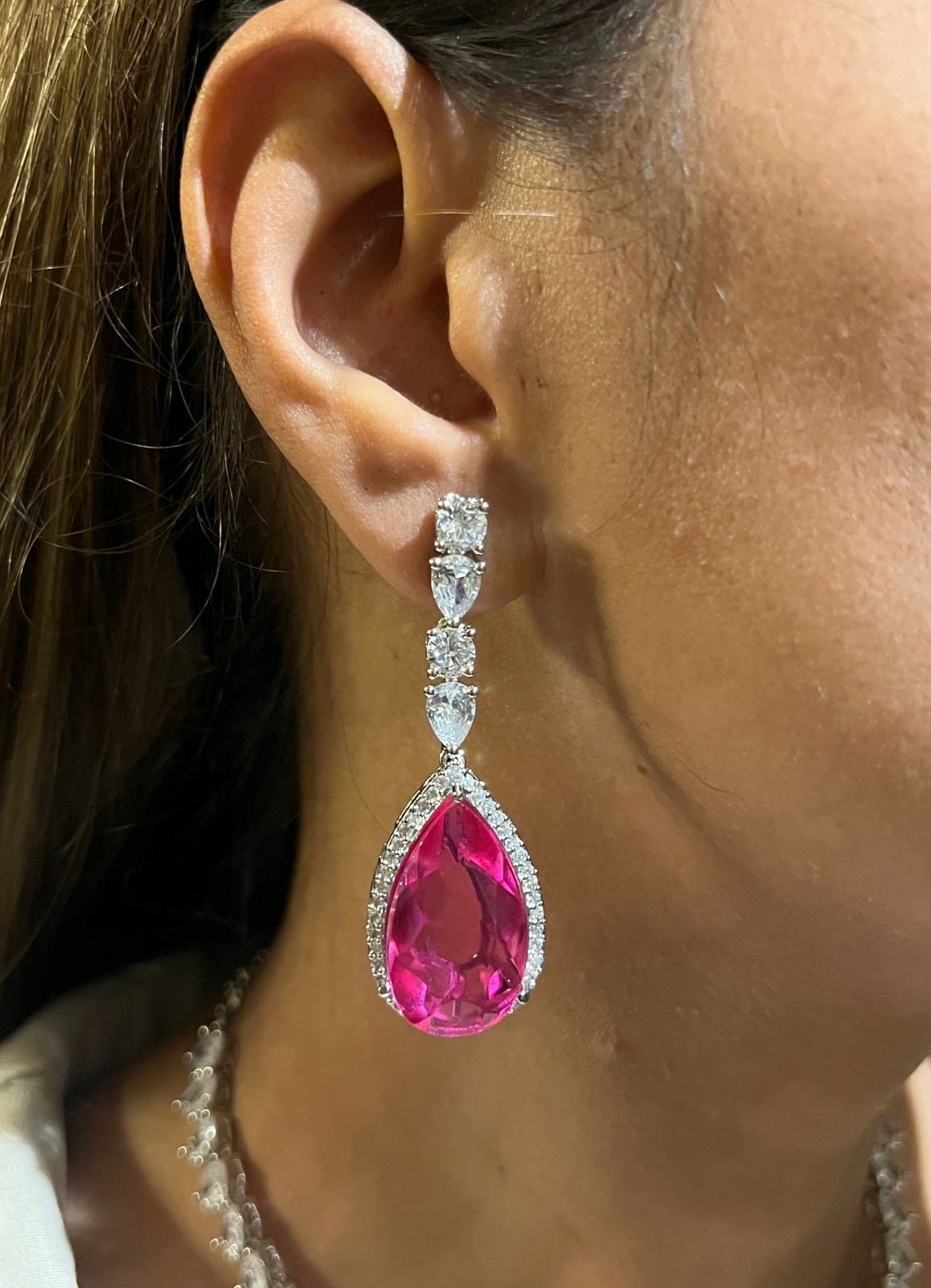 Arina Hot Pink Pendant Necklace Cubic Zirconia Indian Jewelry Pakistani Jewelry Statement Necklace American Diamond Necklace Sari Necklace