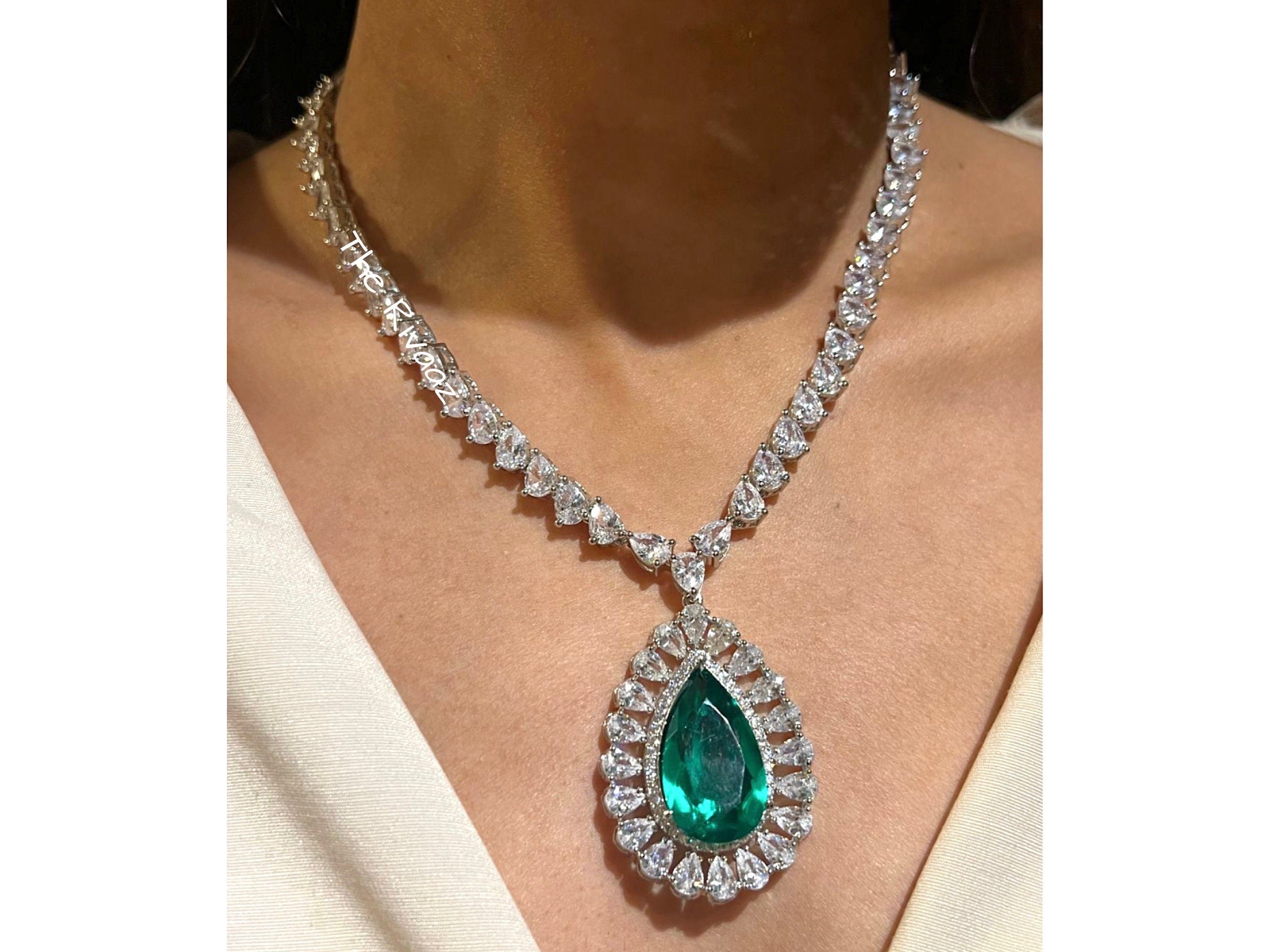 Arina Light Green CZ Necklace Pendant Necklace Cubic Zirconia American Diamond Necklace Set Indian jewelry Set Long Indian Necklace