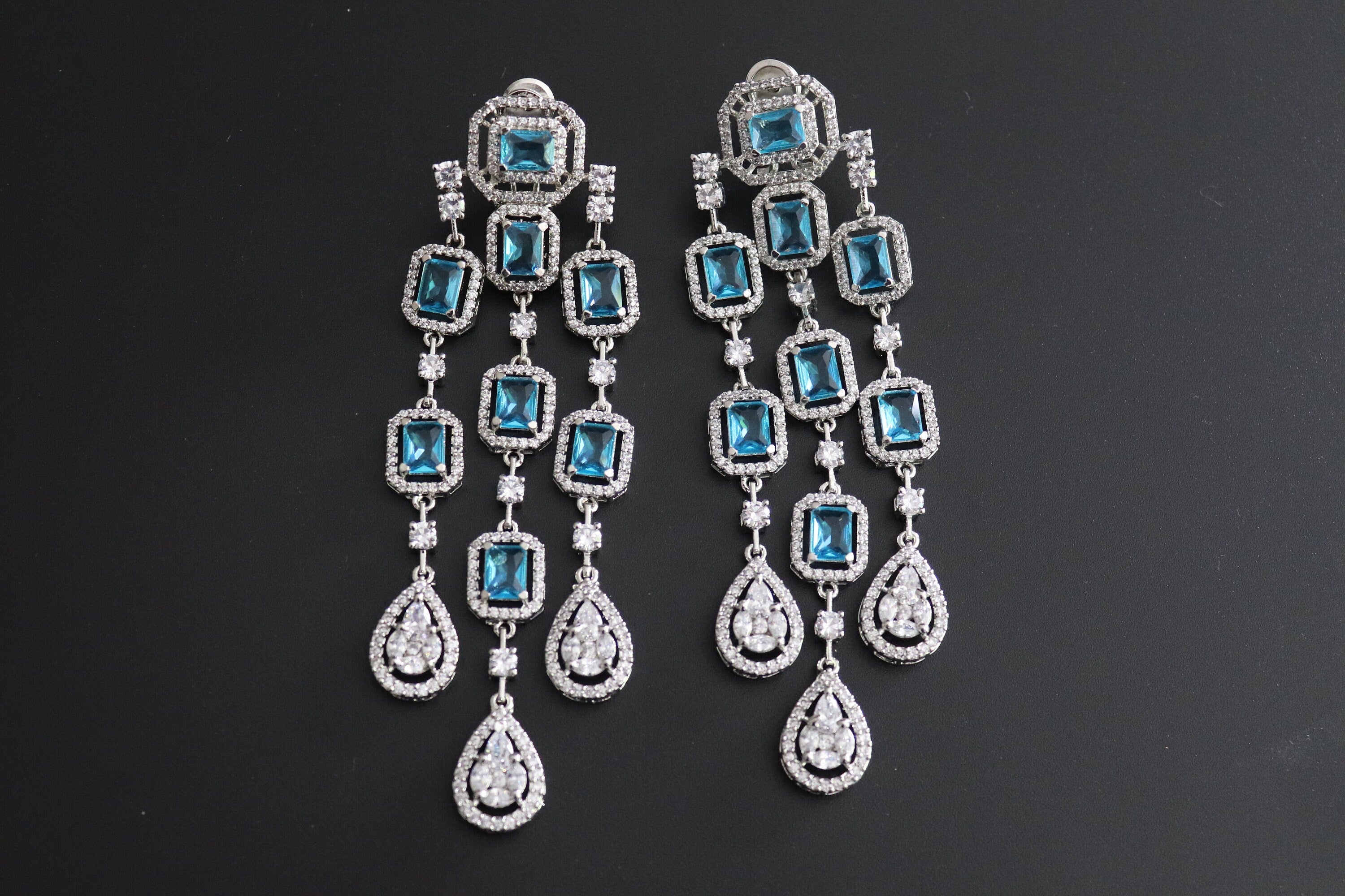 Aqua Long CZ Earrings American Diamond Earrings Crystal Earrings Statement Jewelry Bollywood Earrings Indian Jewelry Cubic Zircon