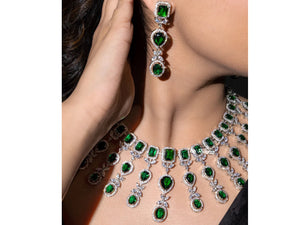 Pre Order Emerald Green CZ Necklace Indian Necklace American Diamond Necklace Set Indian Jewelry Pakistani Jewelry Crystal Necklace