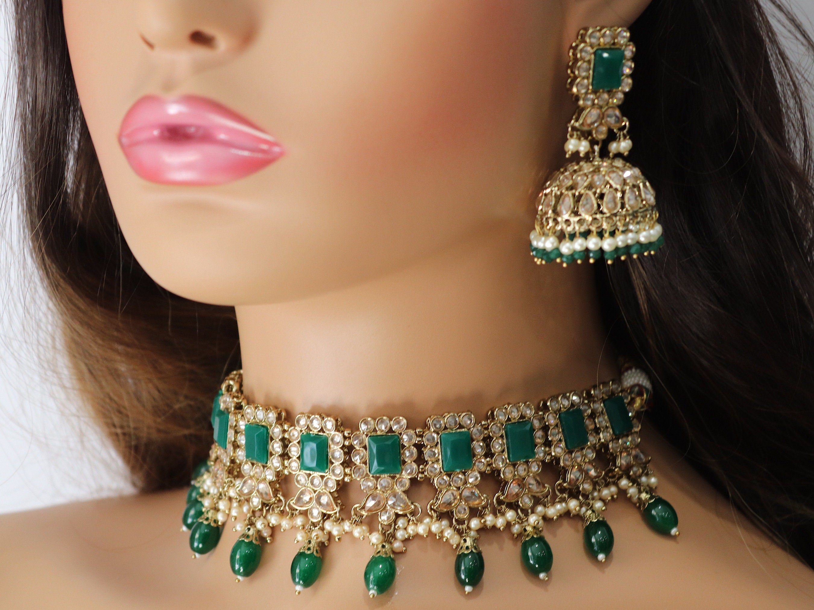 Myra Emerald Green Polki Choker Indian Jewelry Punjabi Choker Pakistani jewelry Indian necklace Punjabi Choker Kundan Set