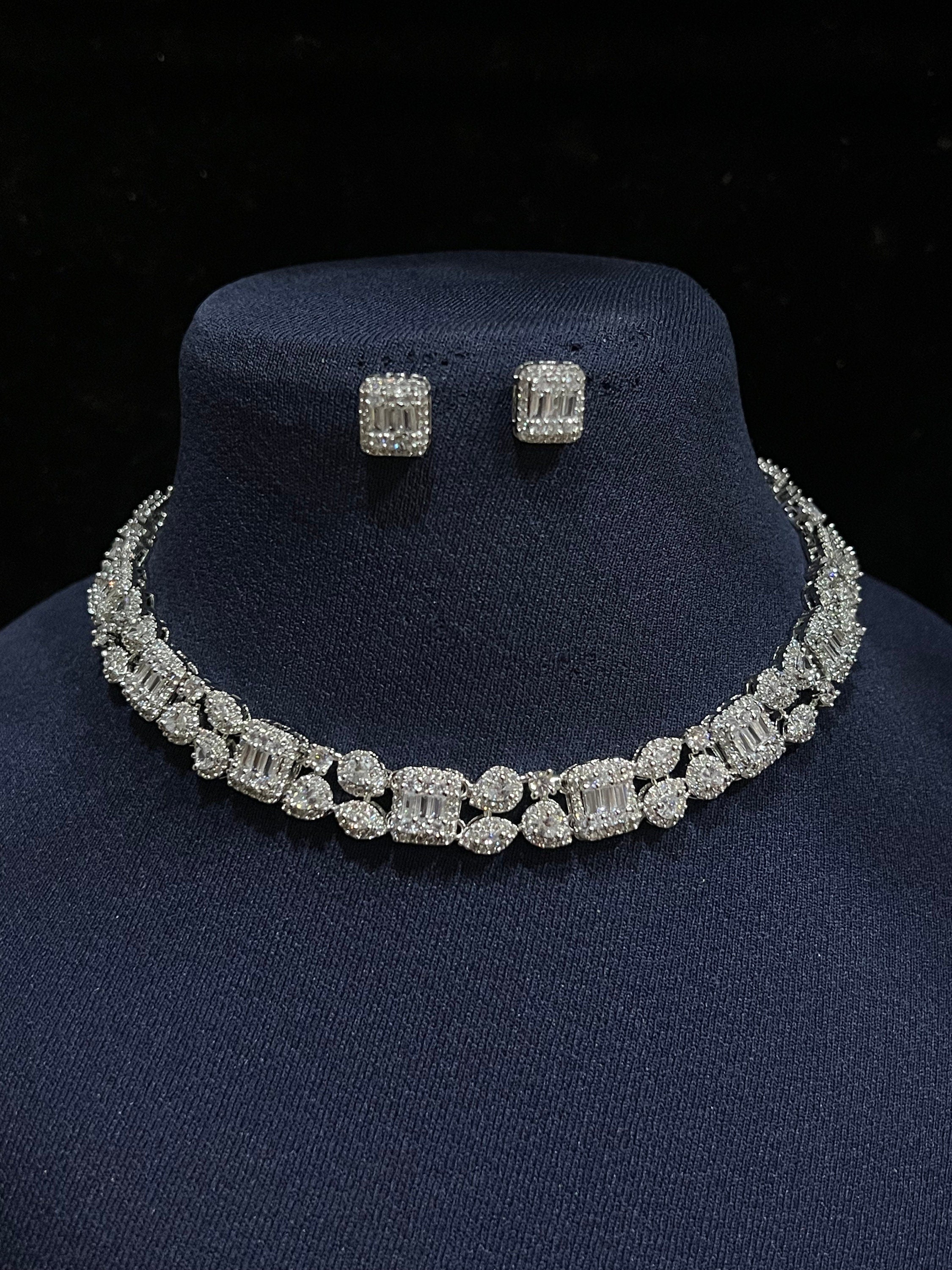 Pre Order White Gold Baguette CZ Diamond Necklace with earrings Statement Necklace Statement Jewelry Wedding Jewelry American Diamond