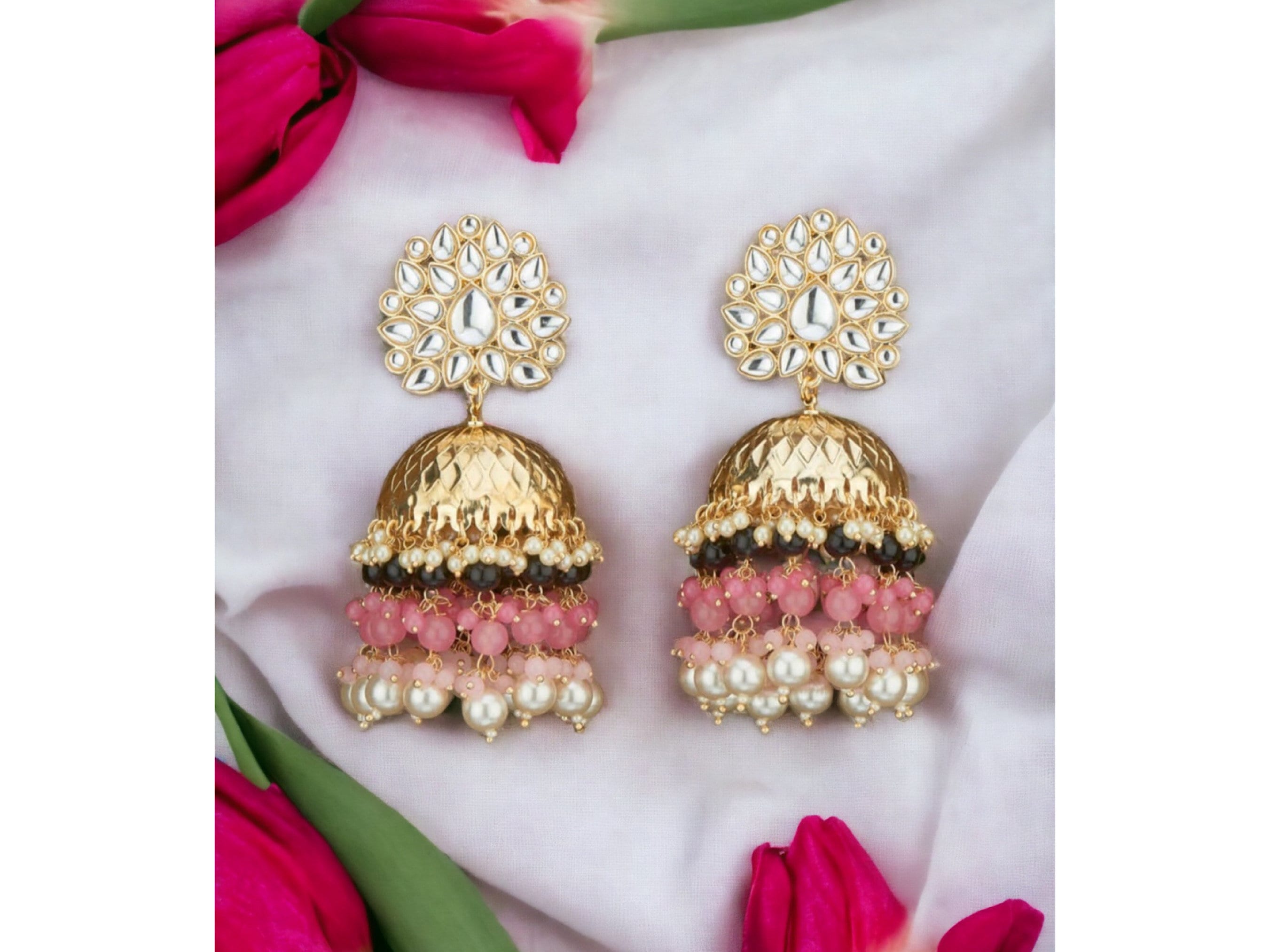 Black - Pink Jhumkas / Indian Jewelry / Pakistani Jewelry/ Indian Jhumka/ Gold Jhumka/ Jhumkas/ Punjabi Jewelry/ Jhumka