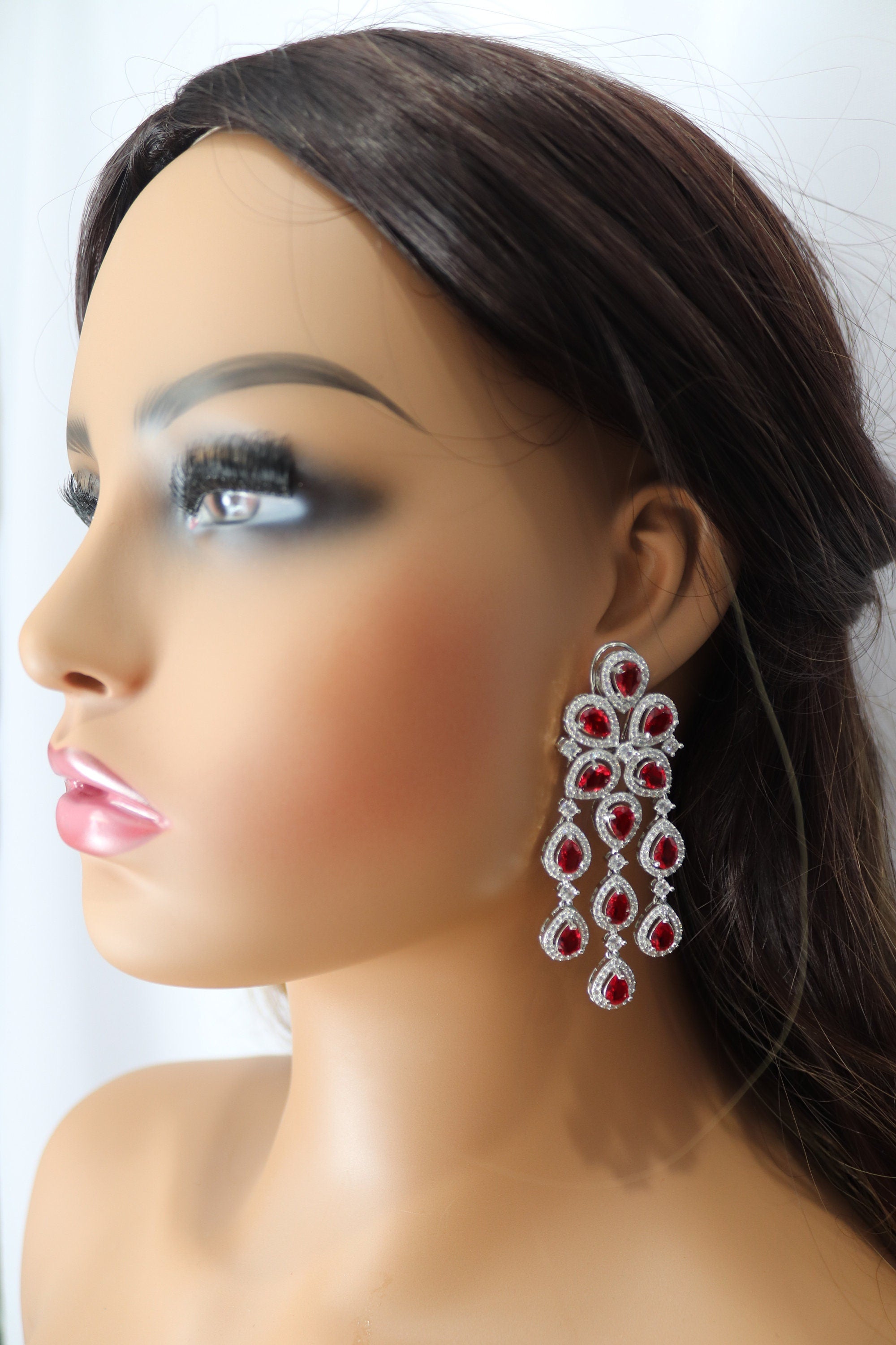 Ava Silver Ruby CZ Diamond Earrings Indian Earrings American Diamond Earrings Indian Jewelry Pakistani Jewelry Bollywood Jewelry Statement