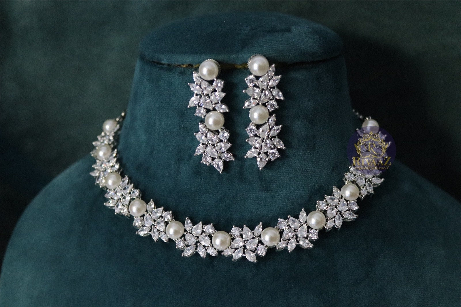 CZ Pearl Necklace Set With Earrings Wedding Necklace Statement Jewelry American Diamond Necklace Set CZ Necklace India