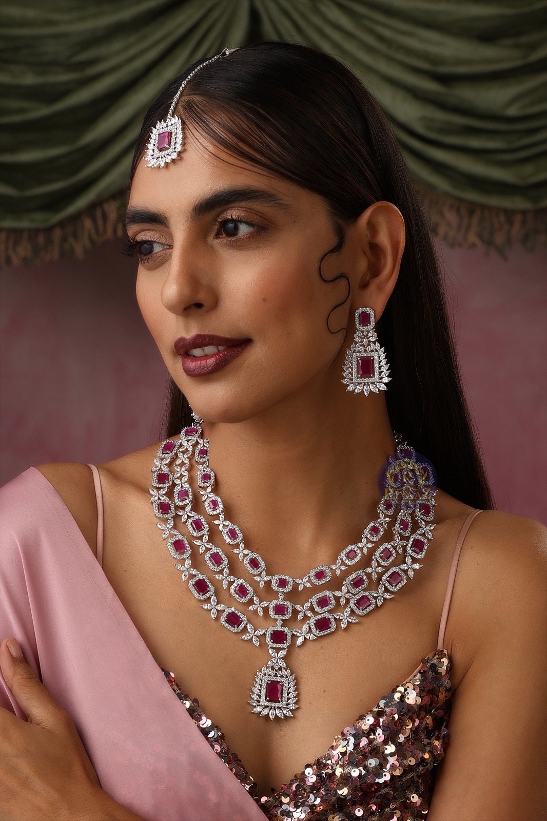 Ruby Silver Diamond Three Layer Necklace Set With Tikka Pakistani Jewelry Indian Wedding Jewelry Gold Rivaaz Jewelry Red Bridal Necklace