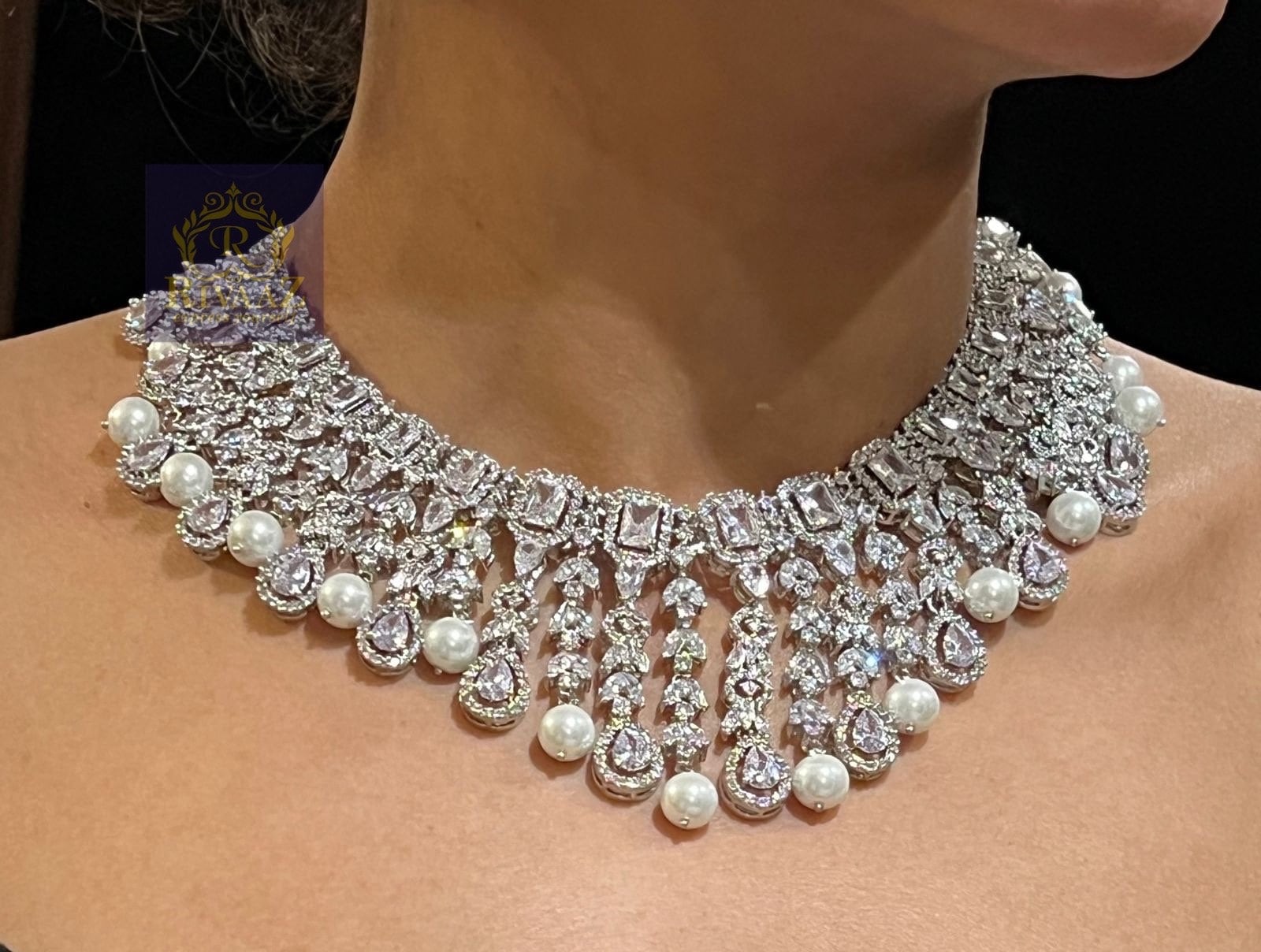 CZ Diamond Pearl Necklace Wedding Necklace Statement Necklace CZ Necklace Set Indian Bridal Jewelry American Diamond Set Prom Necklace