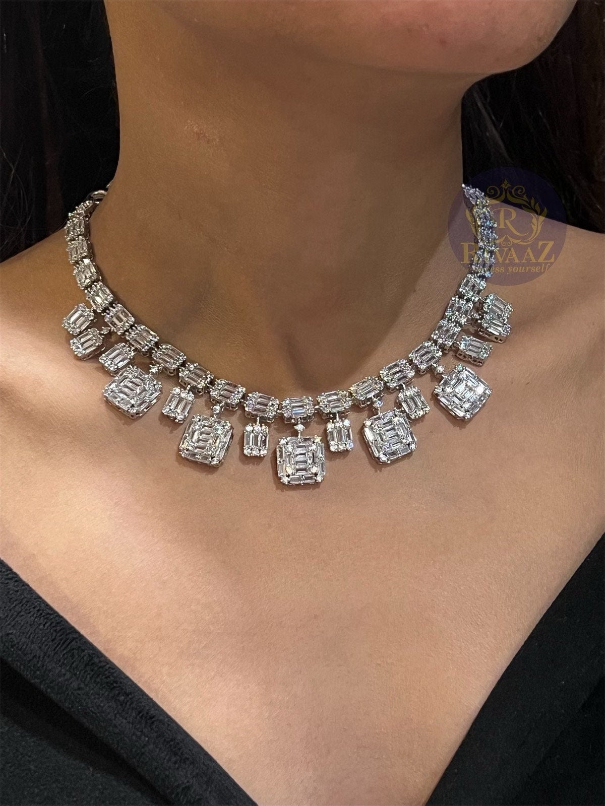 White Cubic Zirconia Baguette Diamond Necklace with earrings Wedding Jewelry Unique Jewelry American Diamond Necklace Set CZ Necklace India