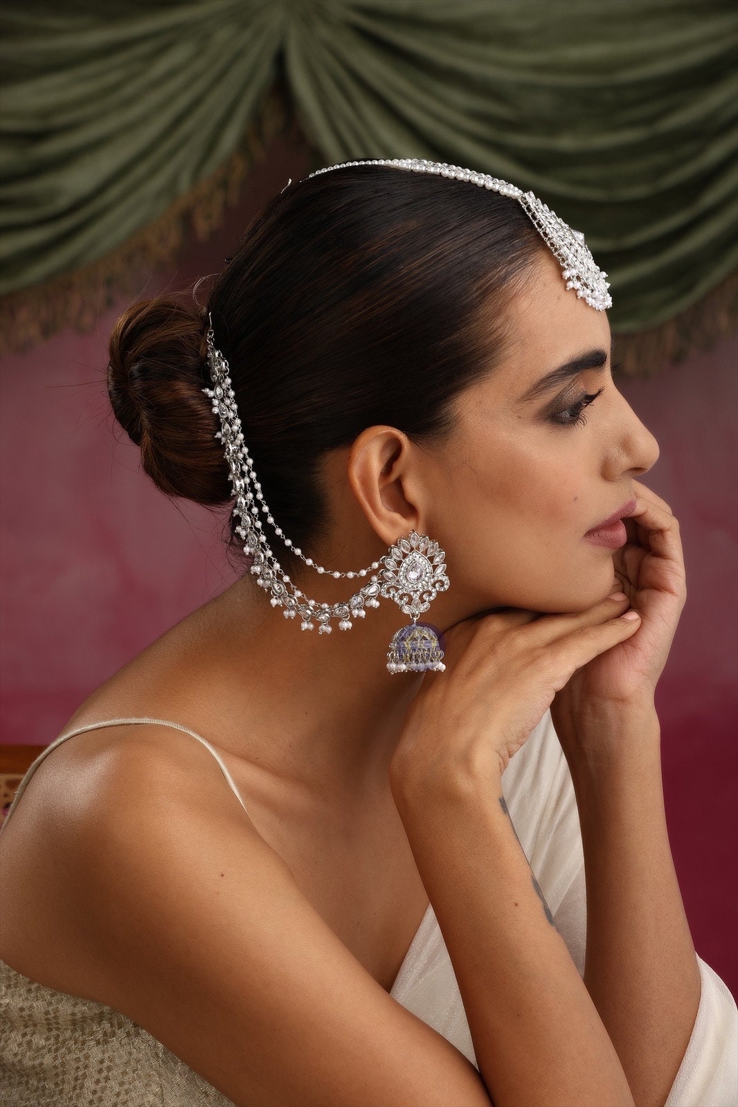 Sold Out Silver Bahubali Earrings Tikka Indian Jewelry Polki Earrings Pakistani Jewelry Punjabi Earrings Punjabi Jewelry Earchain Earrings