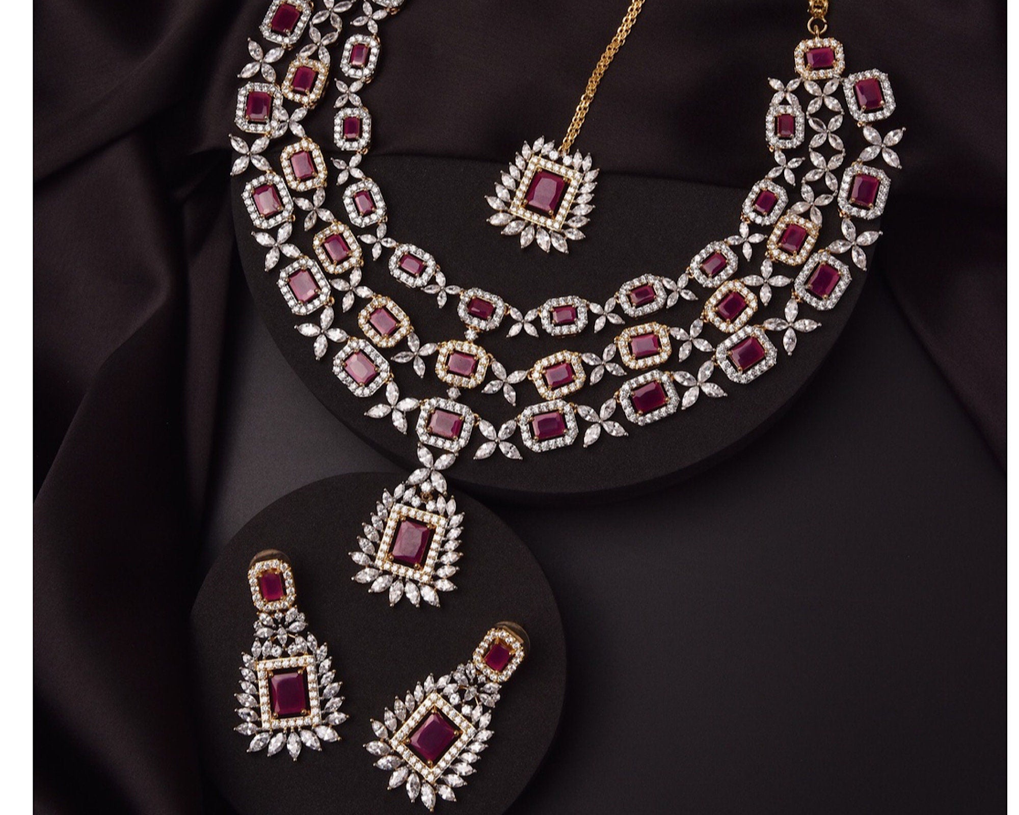 Ruby Silver Diamond Three Layer Necklace Set With Tikka Pakistani Jewelry Indian Wedding Jewelry Gold Rivaaz Jewelry Red Bridal Necklace